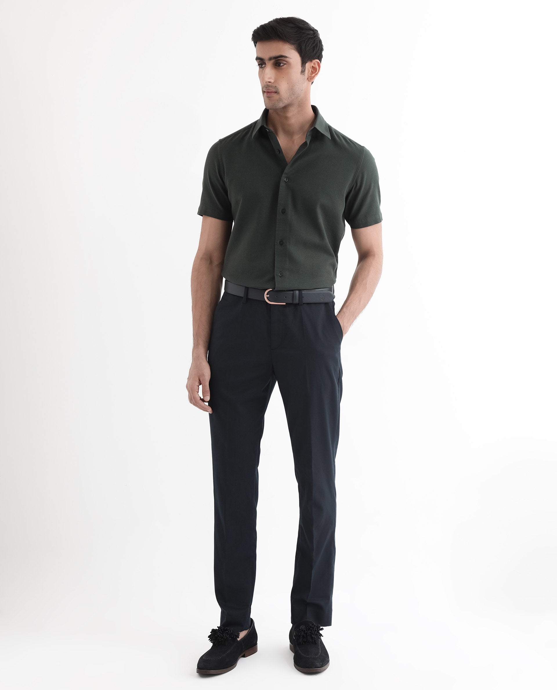 Rare Rabbit Men Matto-1 Dark Green Cotton Fabric Short Sleeve Regular Fit Self Stripe Dobby Shirt