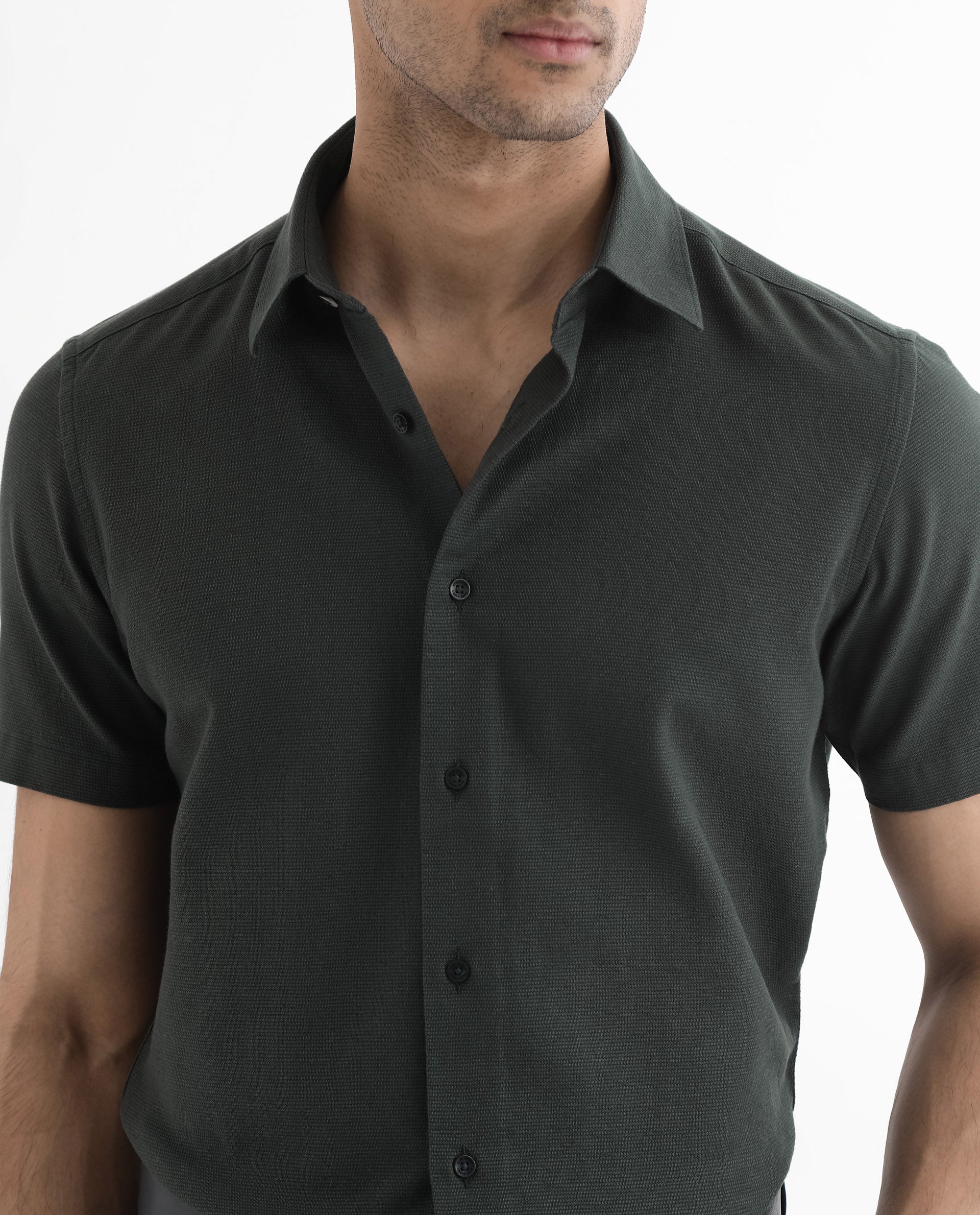 Rare Rabbit Men Matto-1 Dark Green Cotton Fabric Short Sleeve Regular Fit Self Stripe Dobby Shirt