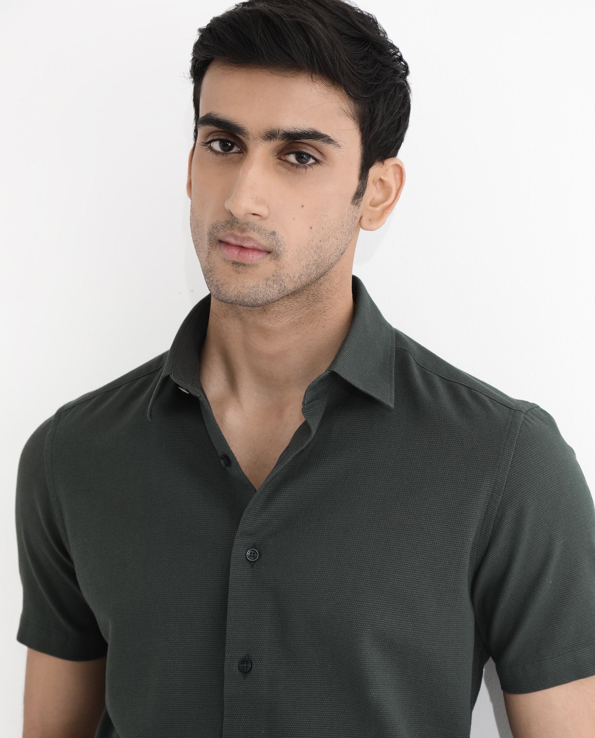 Rare Rabbit Men Matto-1 Dark Green Cotton Fabric Short Sleeve Regular Fit Self Stripe Dobby Shirt