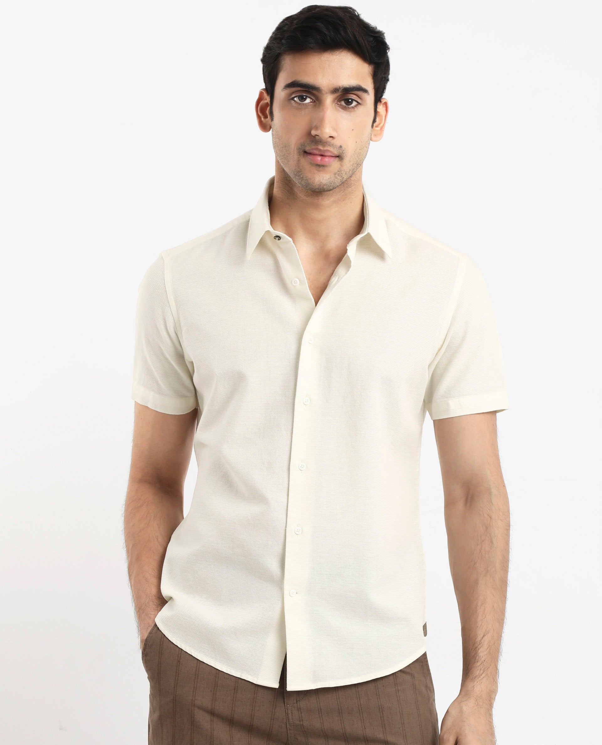 Rare Rabbit Men's Matto-1 White Cotton Fabric Short Sleeve Regular Fit Self Stripe Dobby Shirt