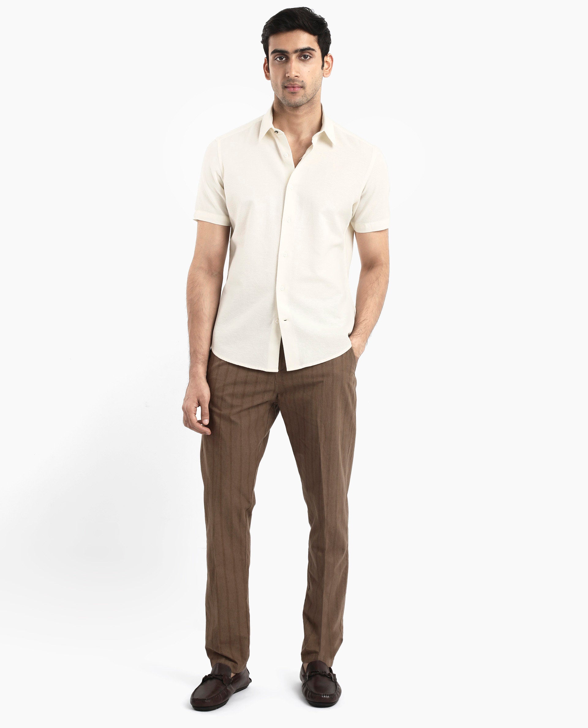 Rare Rabbit Men's Matto-1 White Cotton Fabric Short Sleeve Regular Fit Self Stripe Dobby Shirt