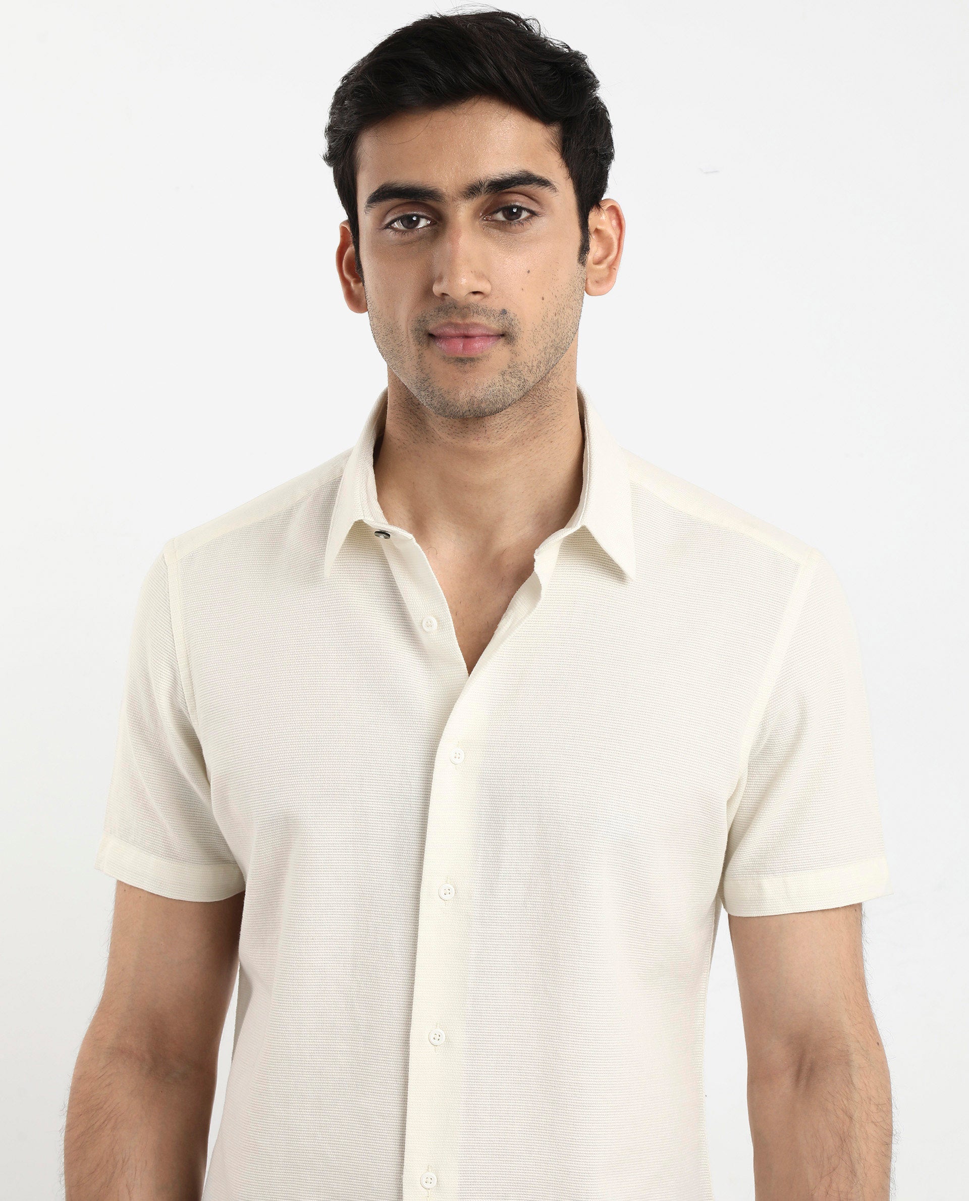 Rare Rabbit Men's Matto-1 White Cotton Fabric Short Sleeve Regular Fit Self Stripe Dobby Shirt