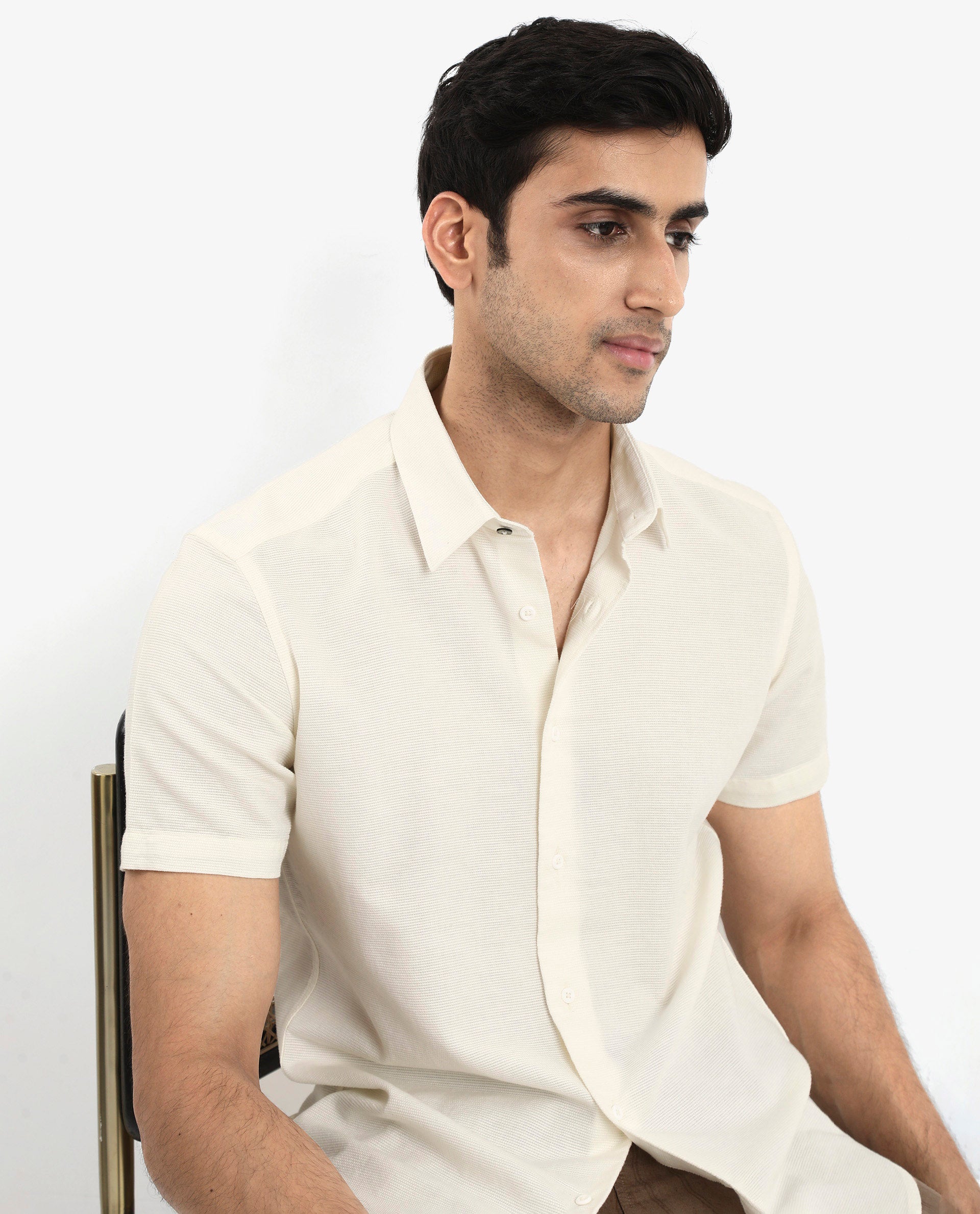 Rare Rabbit Men's Matto-1 White Cotton Fabric Short Sleeve Regular Fit Self Stripe Dobby Shirt