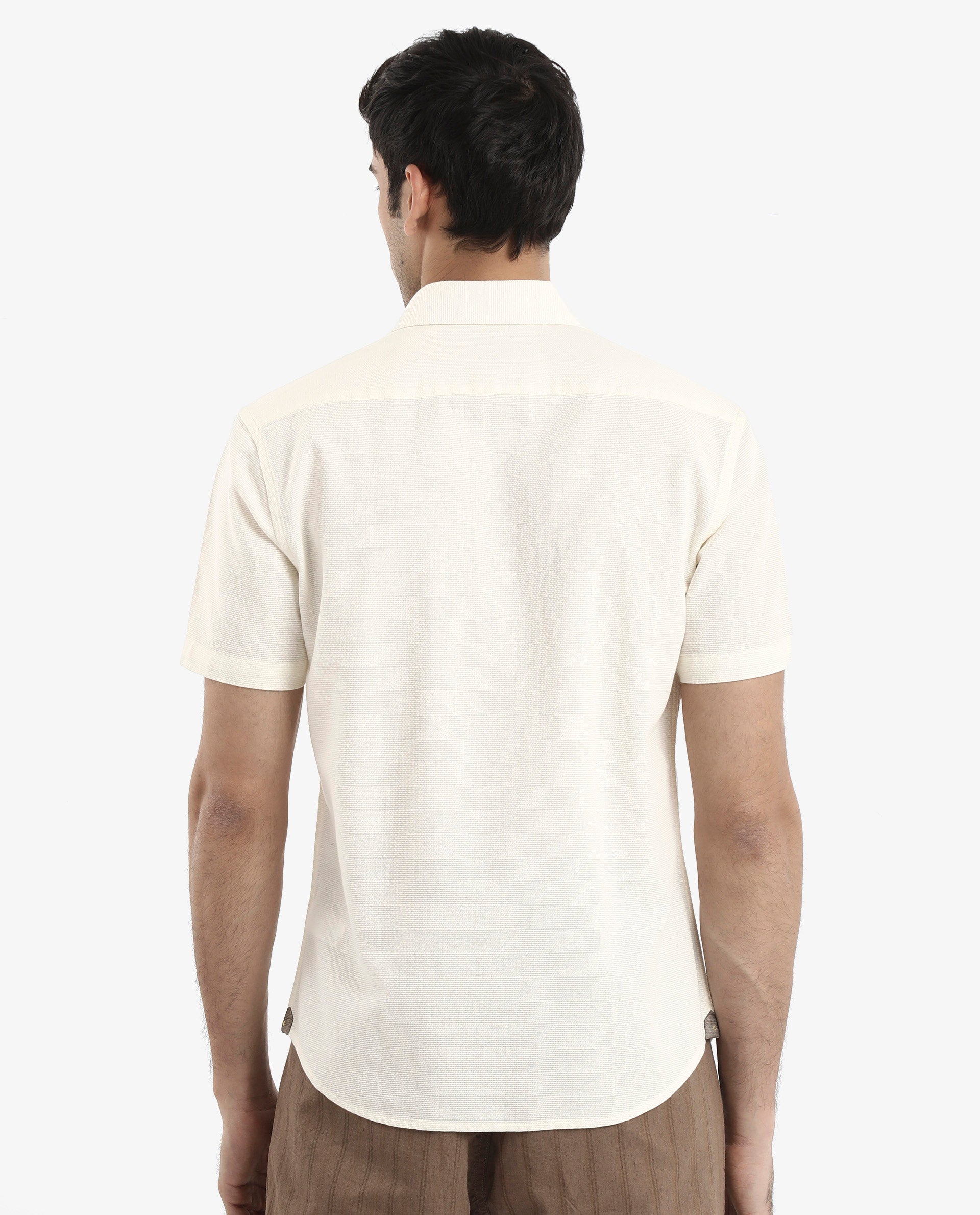 Rare Rabbit Men's Matto-1 White Cotton Fabric Short Sleeve Regular Fit Self Stripe Dobby Shirt