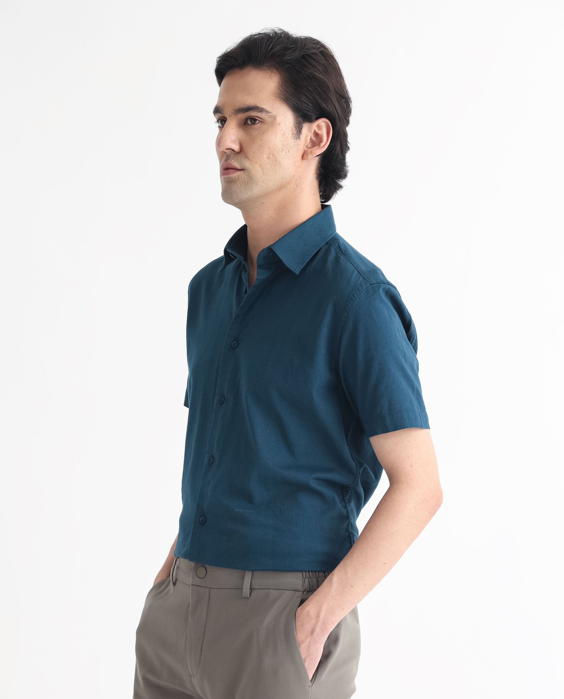 Rare Rabbit Men's Matto Petrol Cotton Fabric Short Sleeve Regular Fit Self Stripe Dobby Shirt