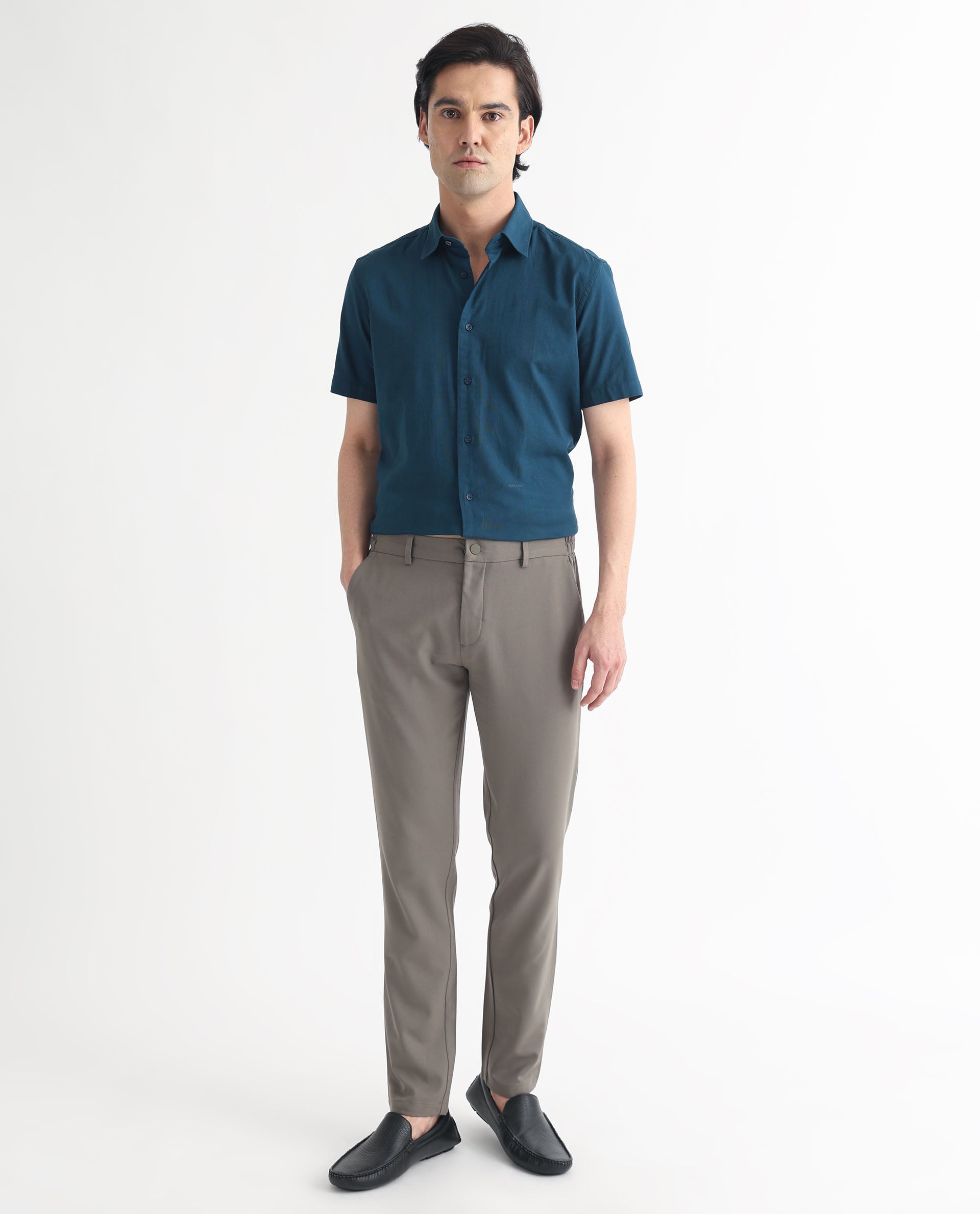 Rare Rabbit Men's Matto Petrol Cotton Fabric Short Sleeve Regular Fit Self Stripe Dobby Shirt