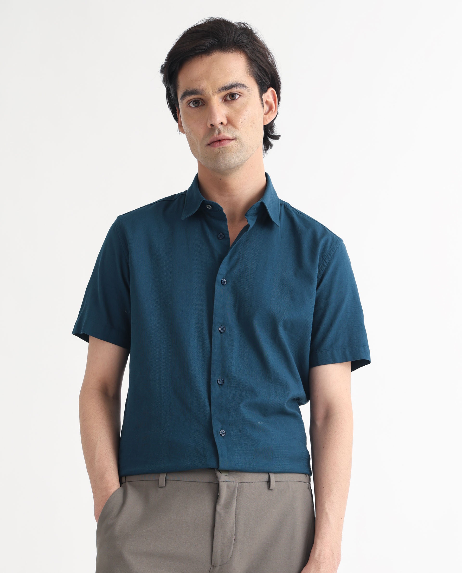 Rare Rabbit Men's Matto Petrol Cotton Fabric Short Sleeve Regular Fit Self Stripe Dobby Shirt