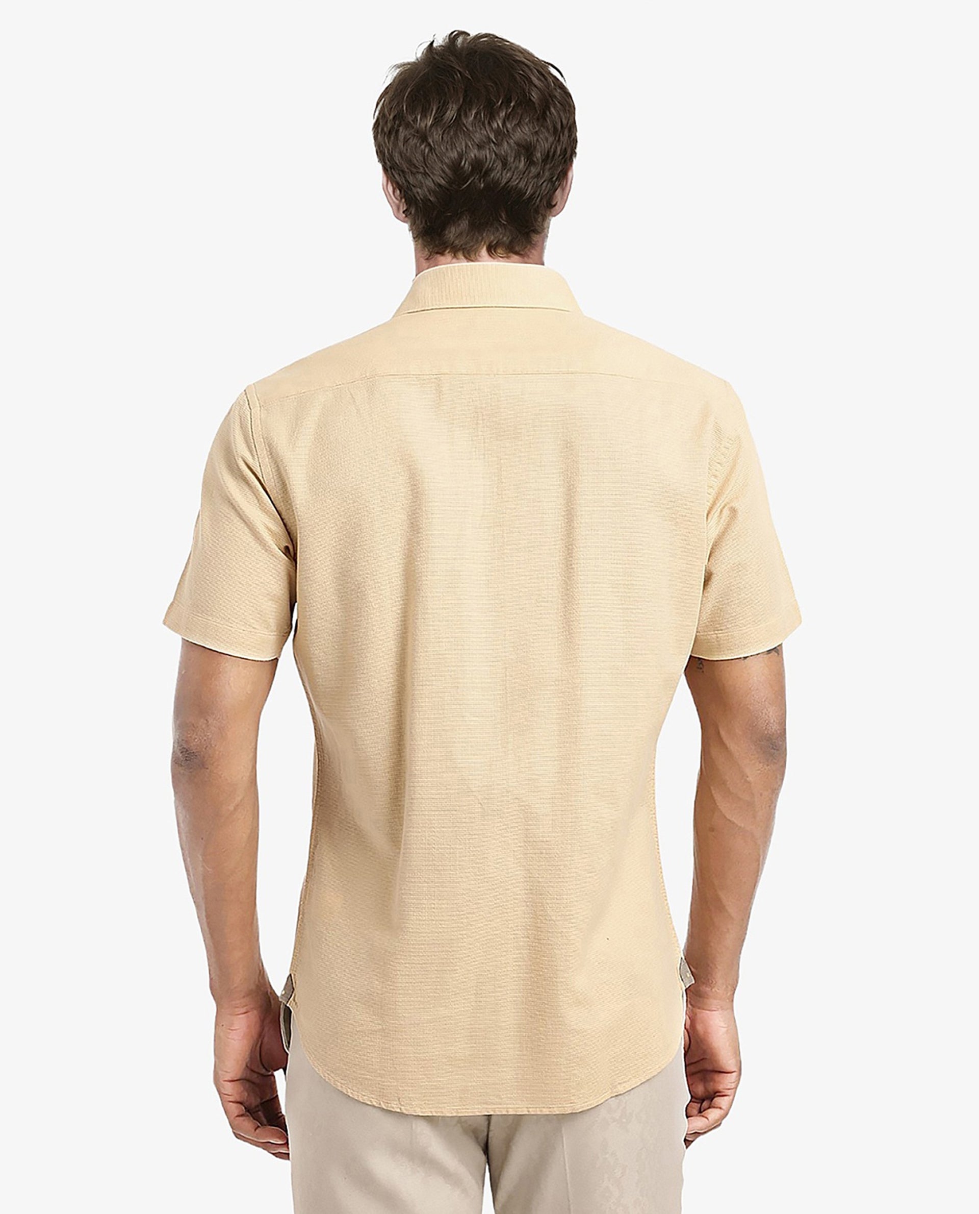 Rare Rabbit Men's Matto Light Yellow Cotton Fabric Short Sleeve Regular Fit Self Stripe Dobby Shirt