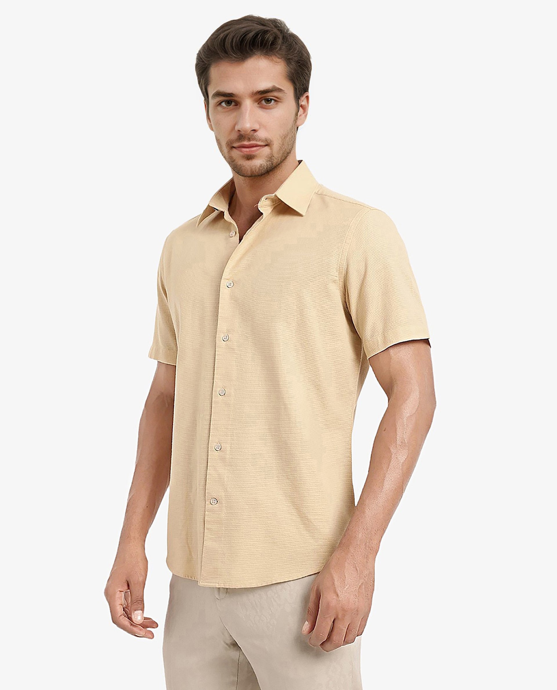 Rare Rabbit Men's Matto Light Yellow Cotton Fabric Short Sleeve Regular Fit Self Stripe Dobby Shirt