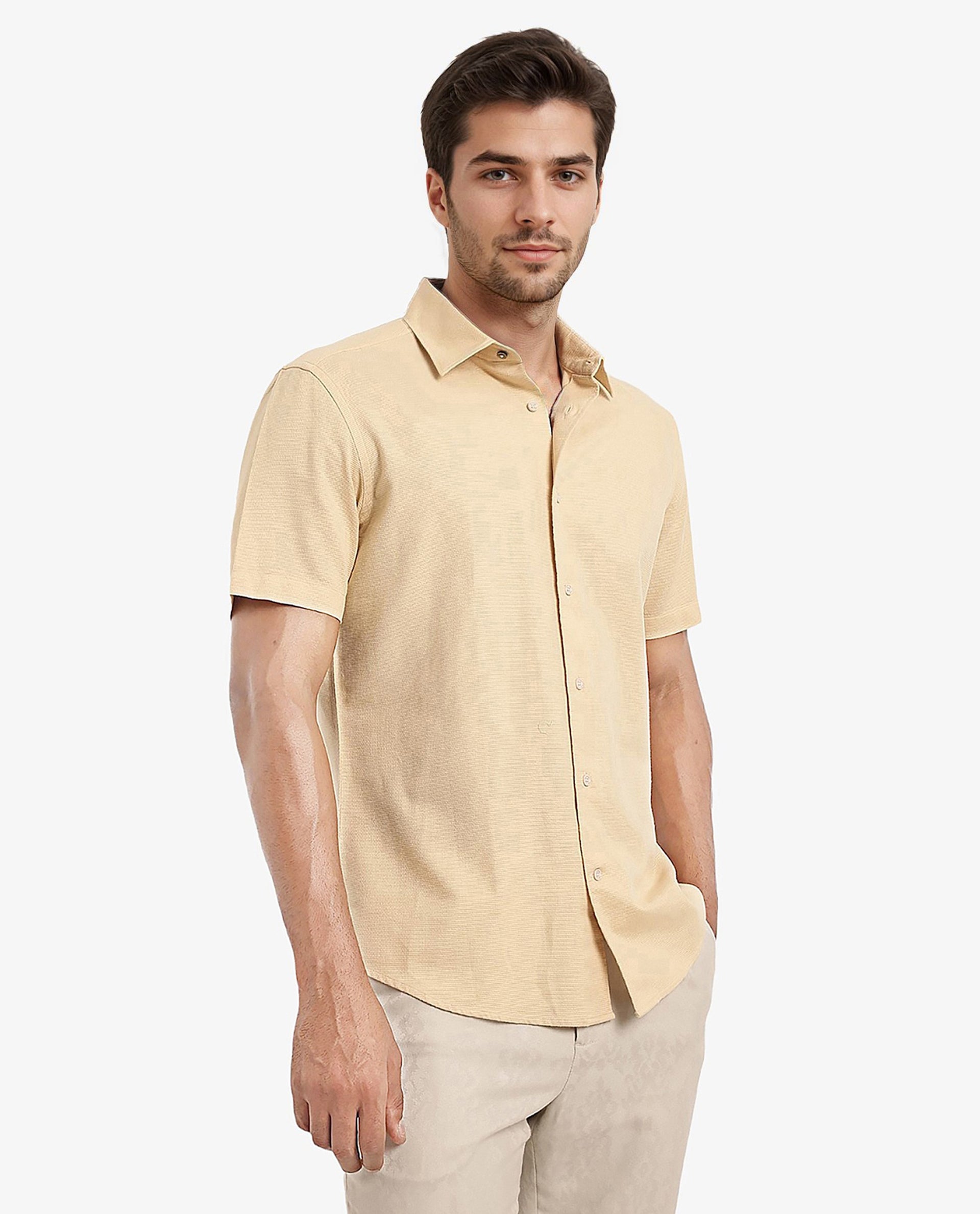 Rare Rabbit Men's Matto Light Yellow Cotton Fabric Short Sleeve Regular Fit Self Stripe Dobby Shirt