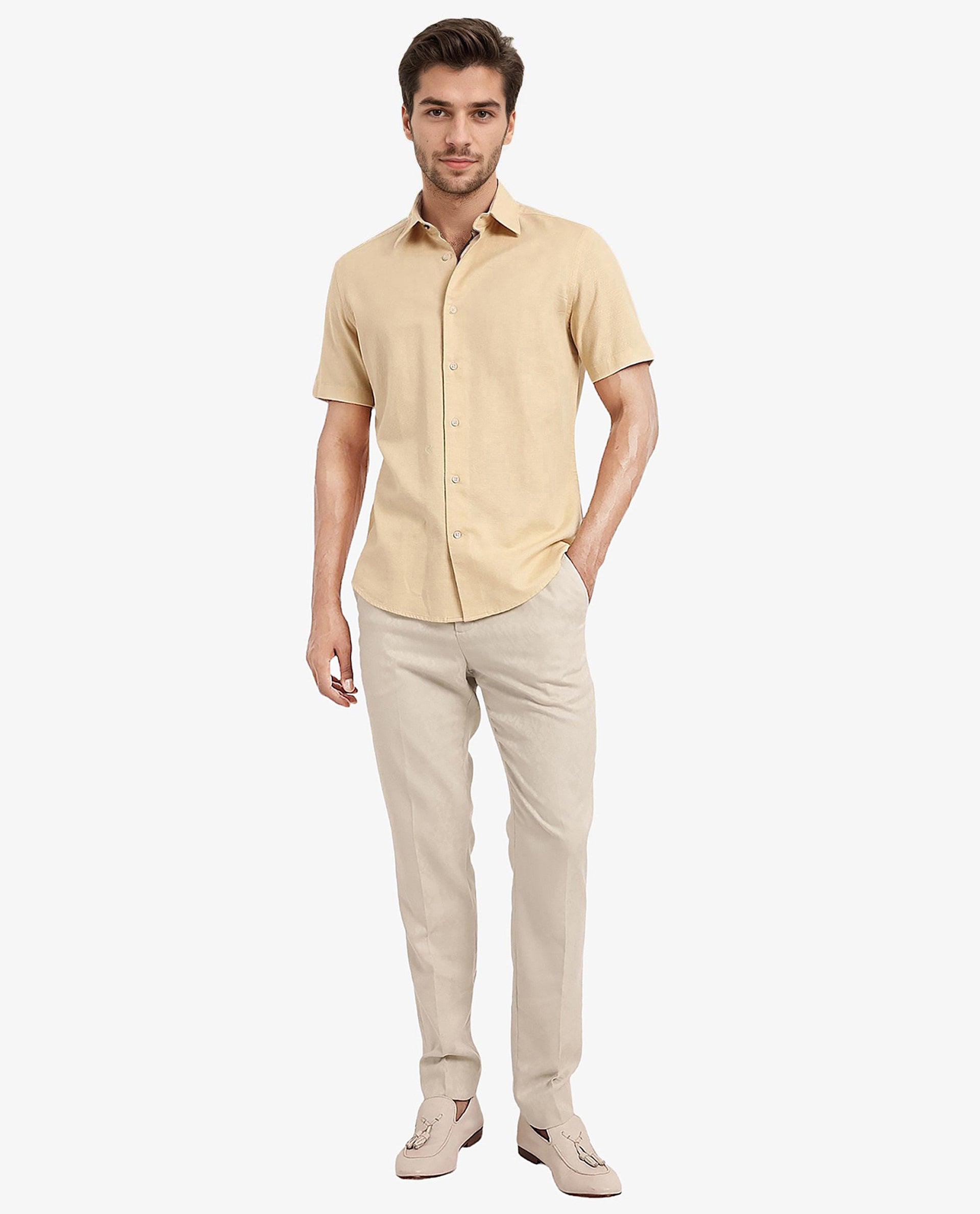 Rare Rabbit Men's Matto Light Yellow Cotton Fabric Short Sleeve Regular Fit Self Stripe Dobby Shirt