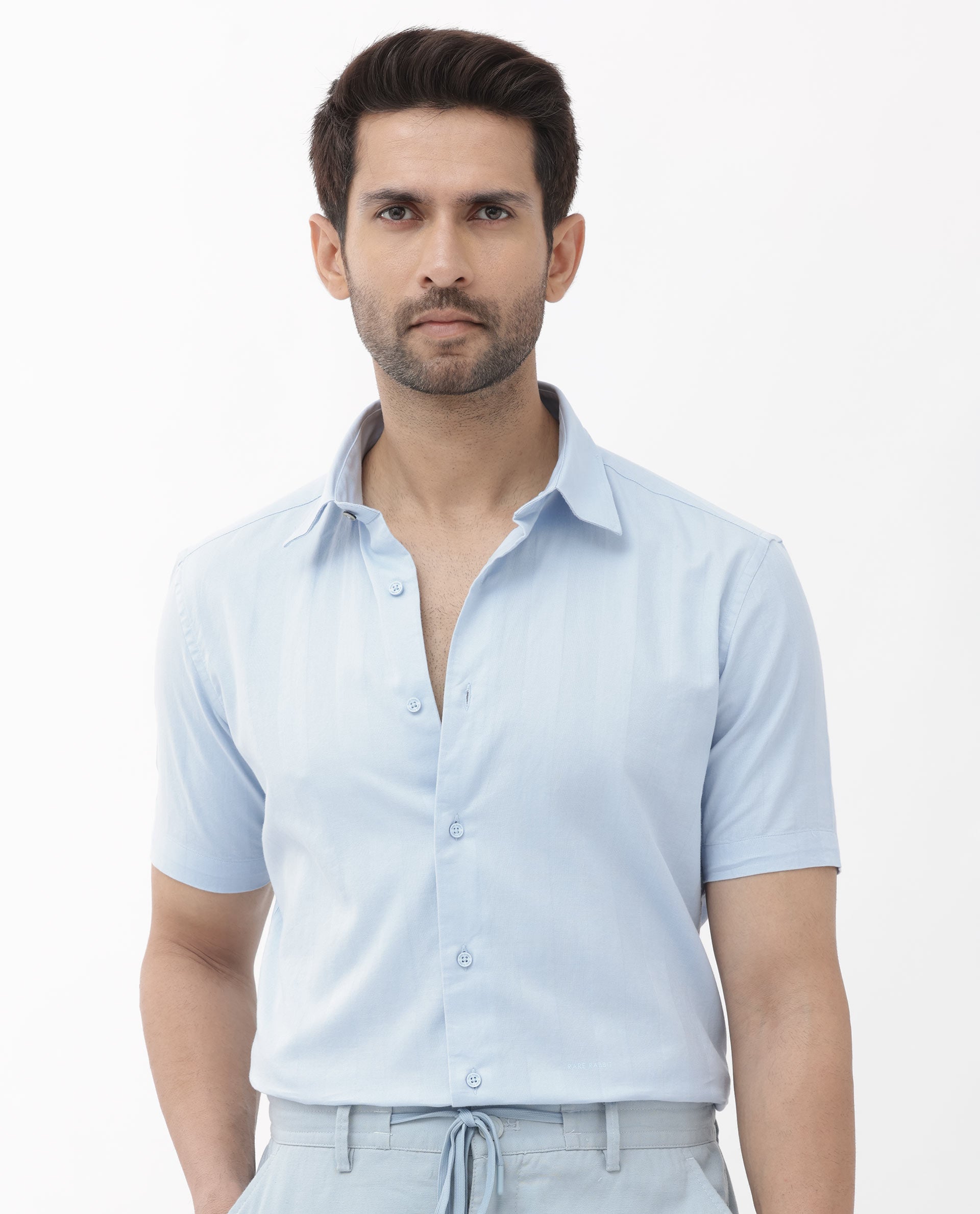 Rare Rabbit Men's Mattoo Light Blue Cotton Fabric Short Sleeve Boxy Fit Solid Shirt