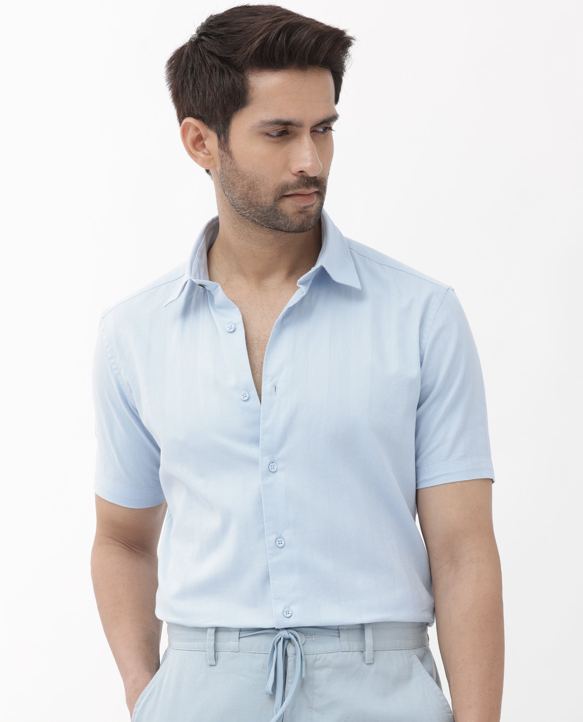 Rare Rabbit Men's Mattoo Light Blue Cotton Fabric Short Sleeve Boxy Fit Solid Shirt