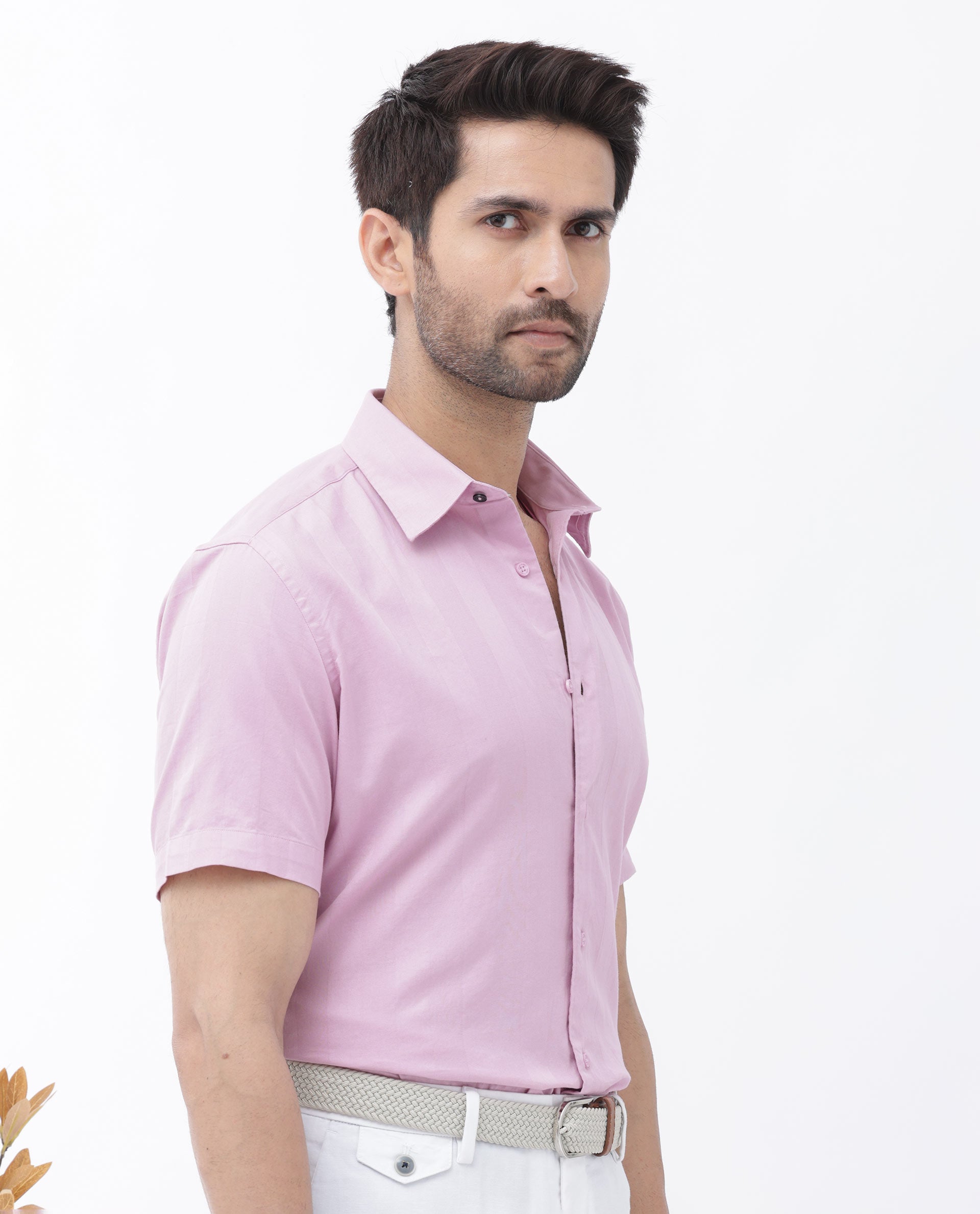 Rare Rabbit Men's Mattoo Pink Cotton Fabric Short Sleeve Boxy Fit Solid Shirt