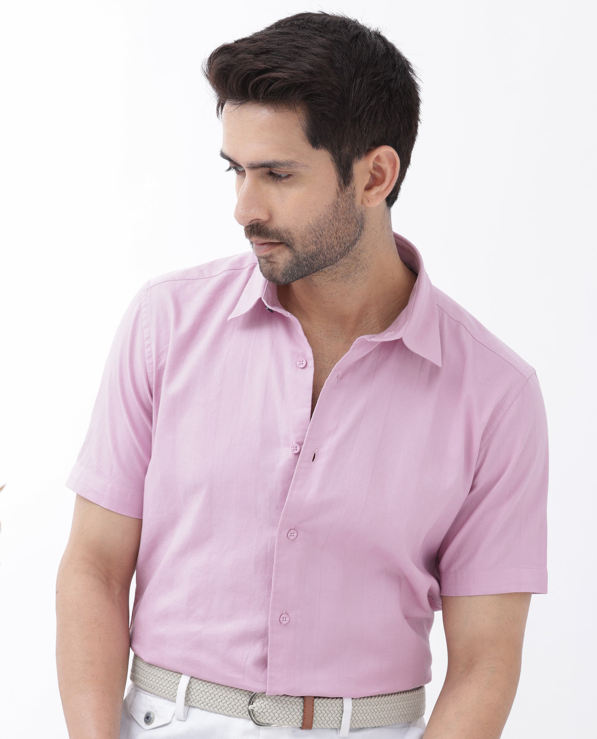 Rare Rabbit Men's Mattoo Pink Cotton Fabric Short Sleeve Boxy Fit Solid Shirt