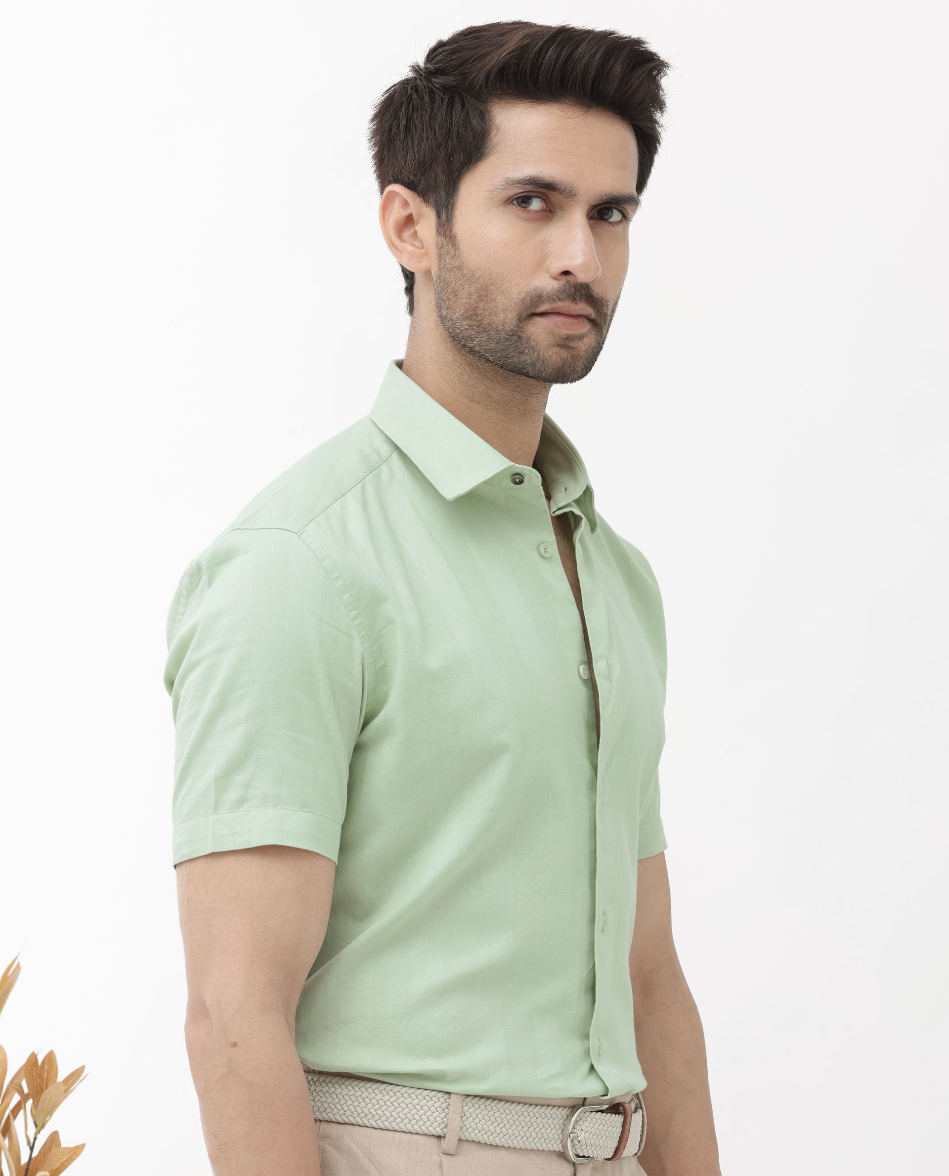 Rare Rabbit Men's Mattoo Dusky Green Cotton Fabric Short Sleeve Boxy Fit Solid Shirt