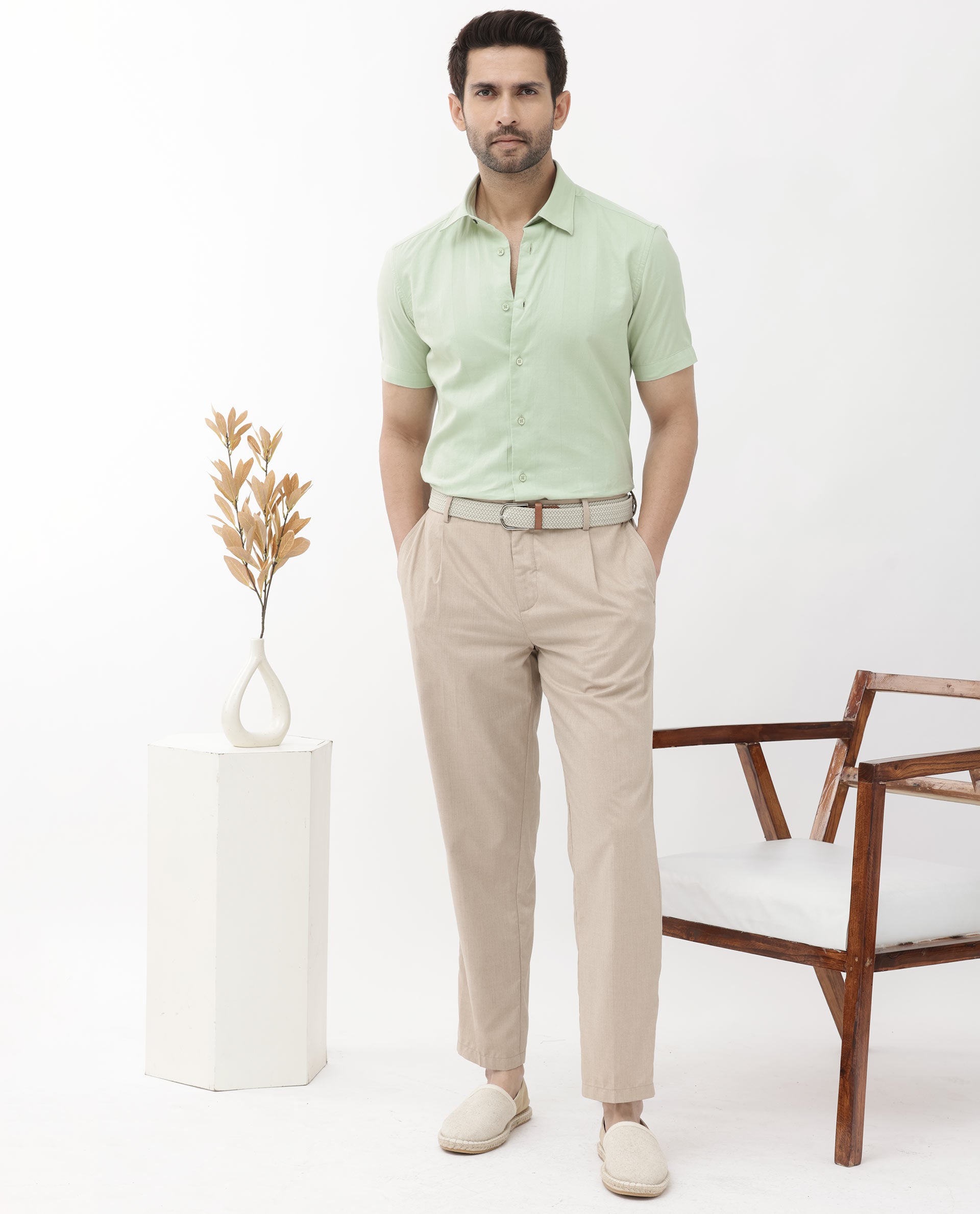 Rare Rabbit Men's Mattoo Dusky Green Cotton Fabric Short Sleeve Boxy Fit Solid Shirt