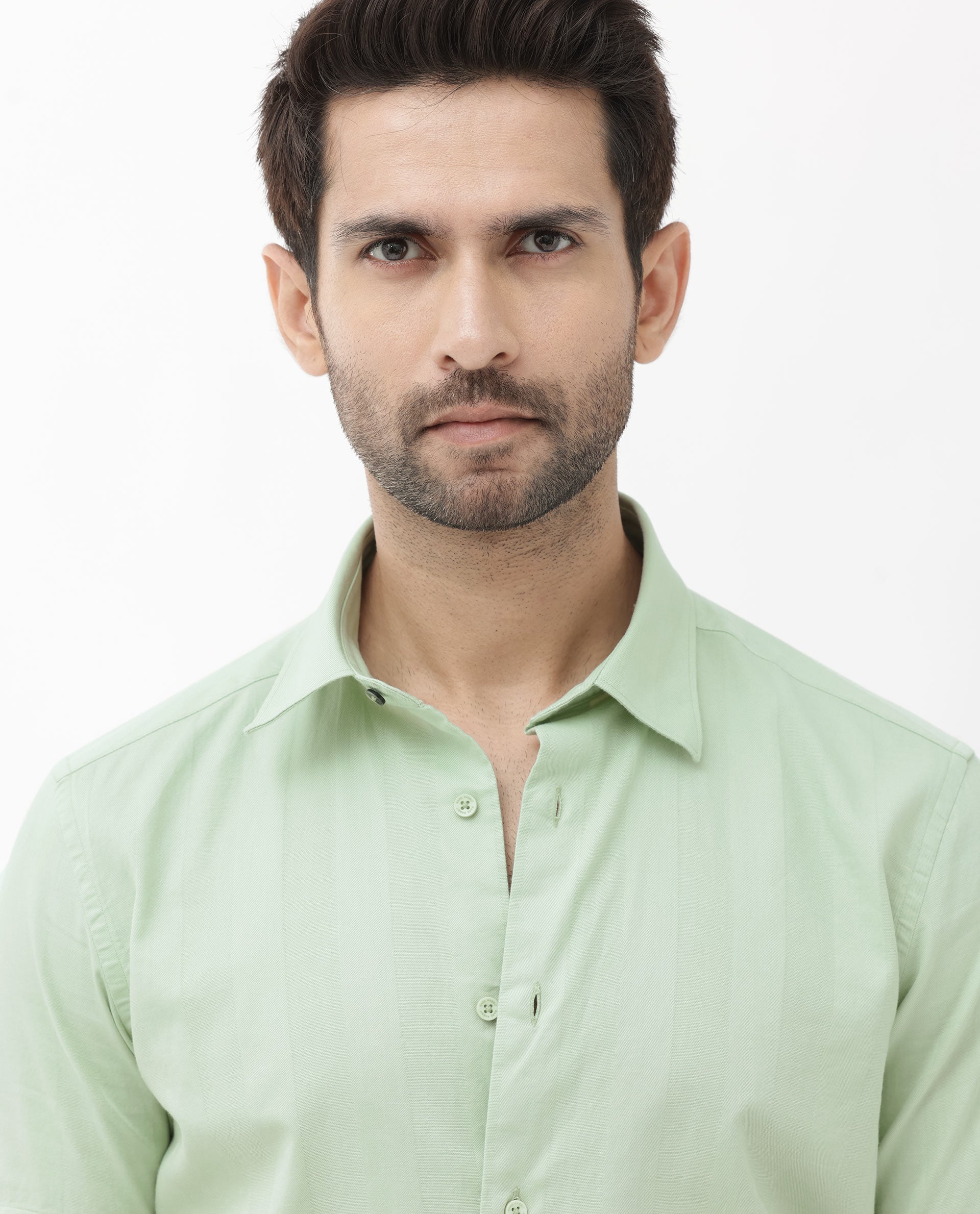 Rare Rabbit Men's Mattoo Dusky Green Cotton Fabric Short Sleeve Boxy Fit Solid Shirt