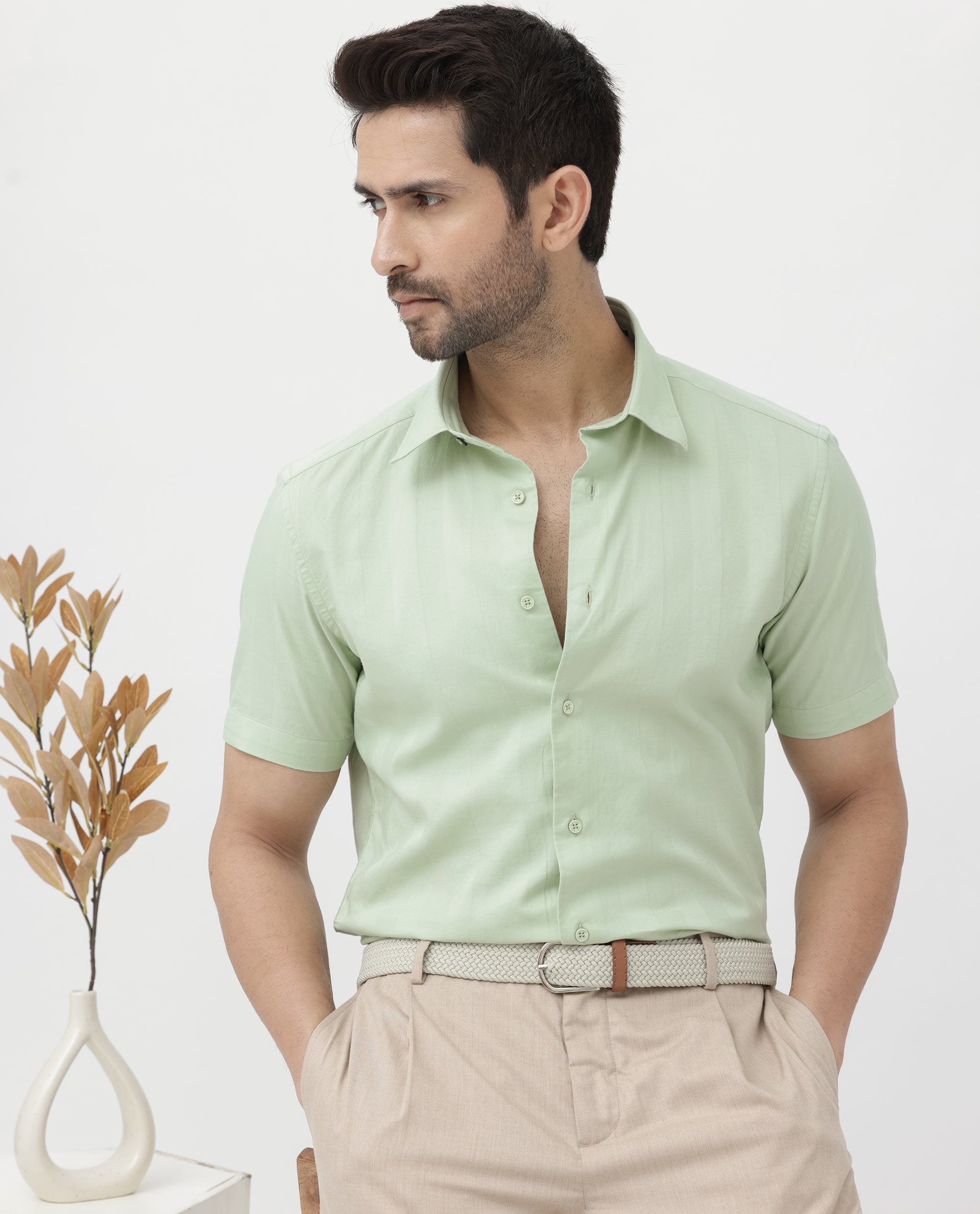 Rare Rabbit Men's Mattoo Dusky Green Cotton Fabric Short Sleeve Boxy Fit Solid Shirt