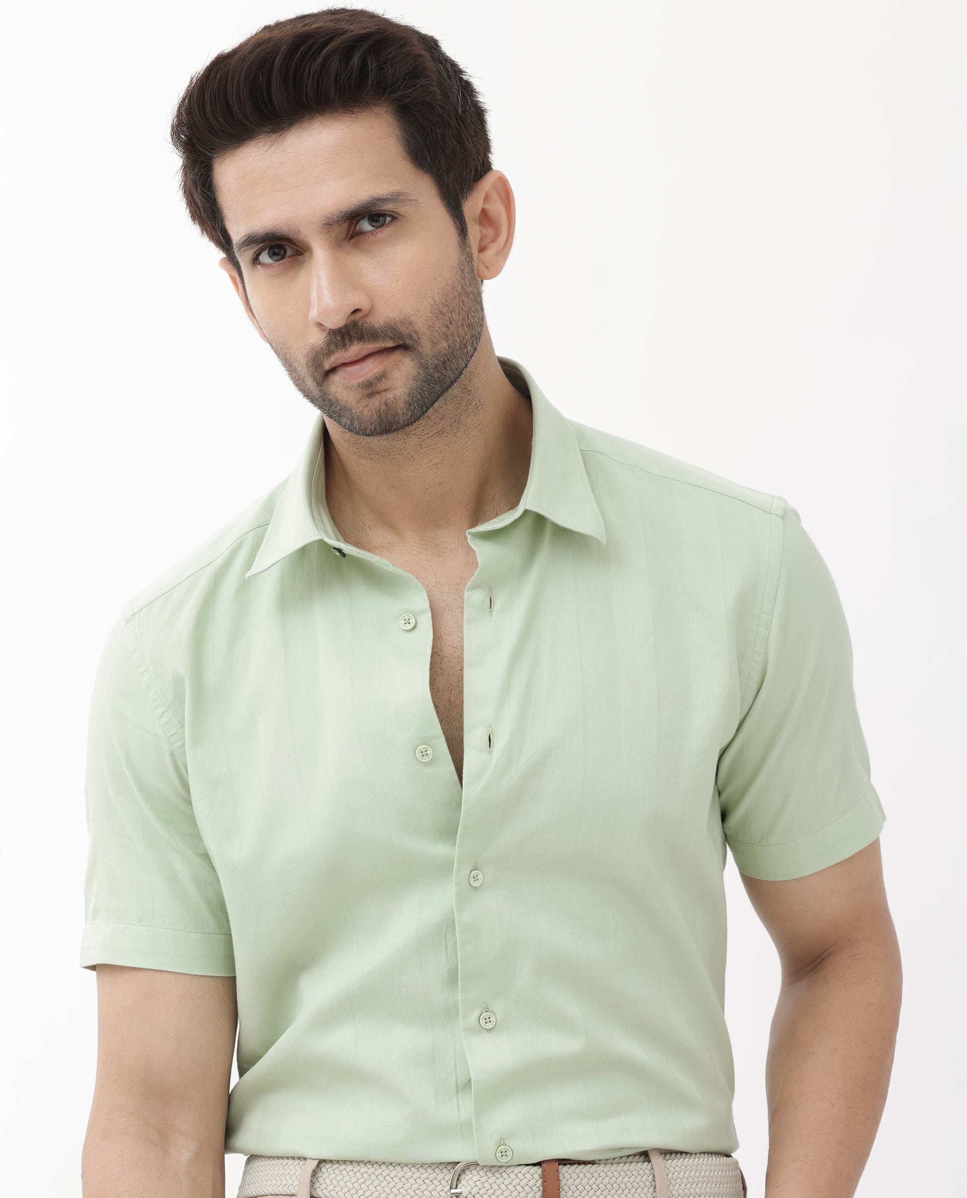 Rare Rabbit Men's Mattoo Dusky Green Cotton Fabric Short Sleeve Boxy Fit Solid Shirt