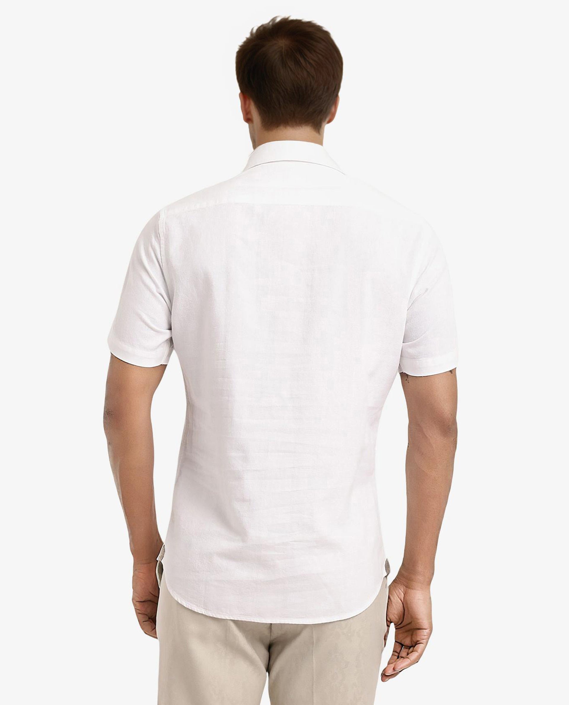 Rare Rabbit Men's Matto White Cotton Fabric Short Sleeve Regular Fit Self Stripe Dobby Shirt