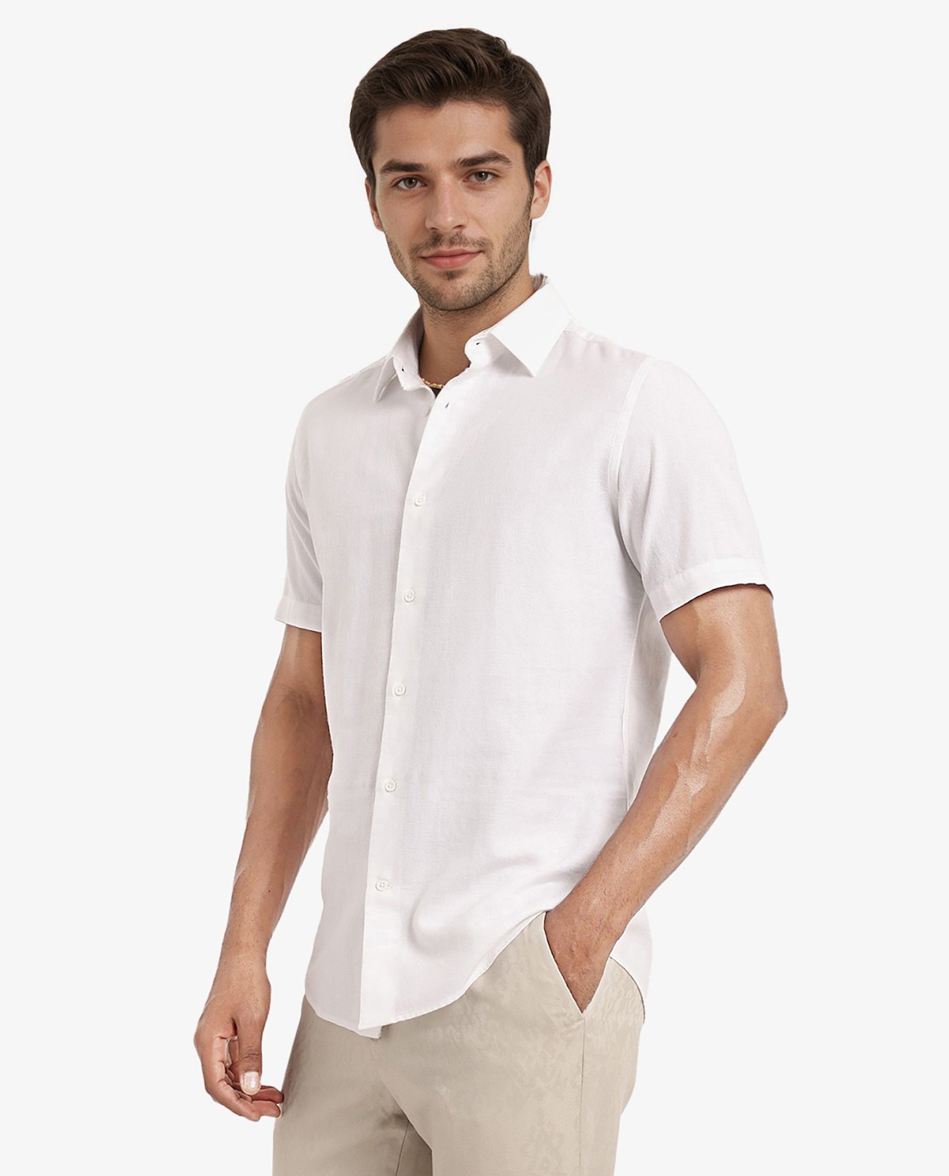 Rare Rabbit Men's Matto White Cotton Fabric Short Sleeve Regular Fit Self Stripe Dobby Shirt