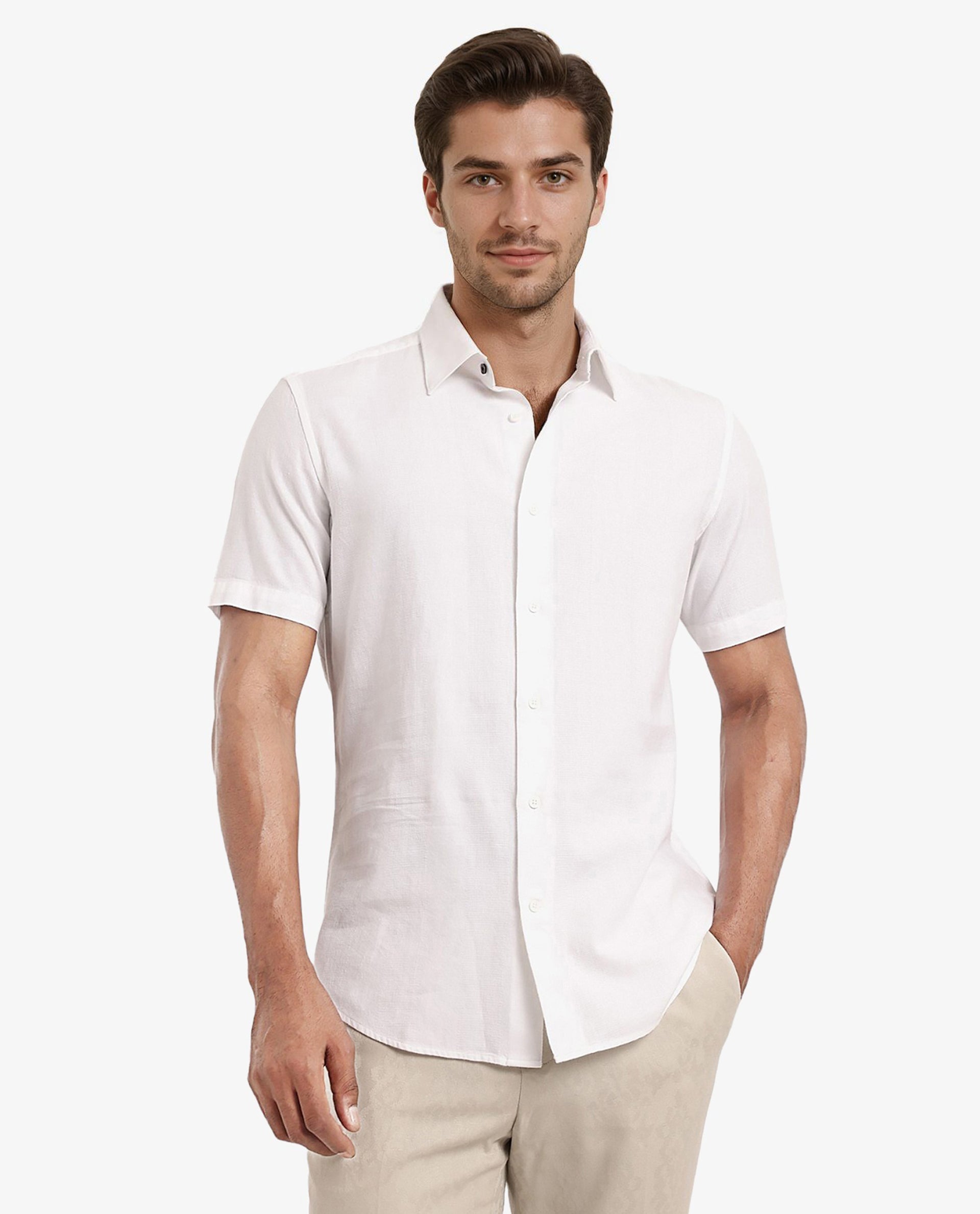 Rare Rabbit Men's Matto White Cotton Fabric Short Sleeve Regular Fit Self Stripe Dobby Shirt