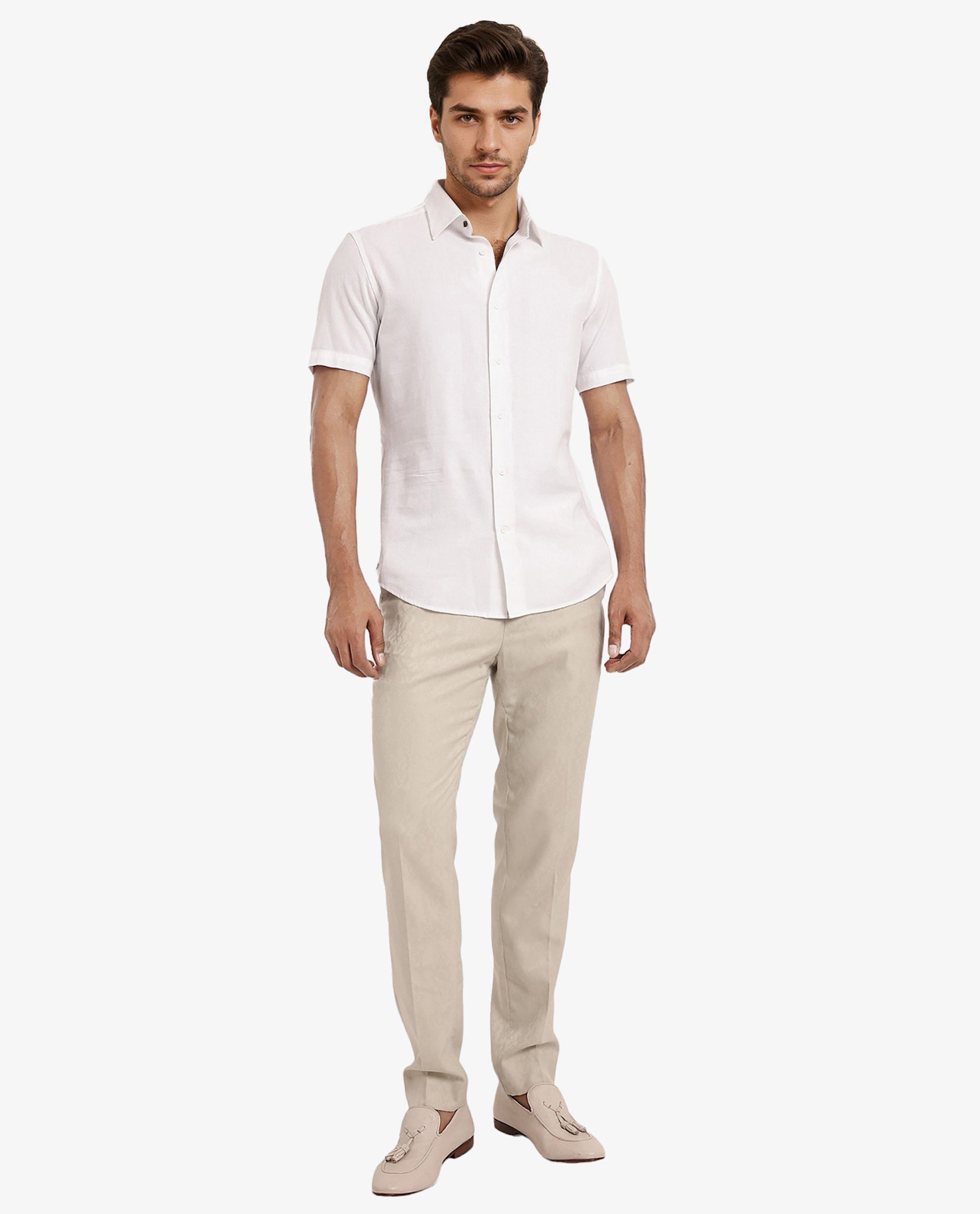 Rare Rabbit Men's Matto White Cotton Fabric Short Sleeve Regular Fit Self Stripe Dobby Shirt