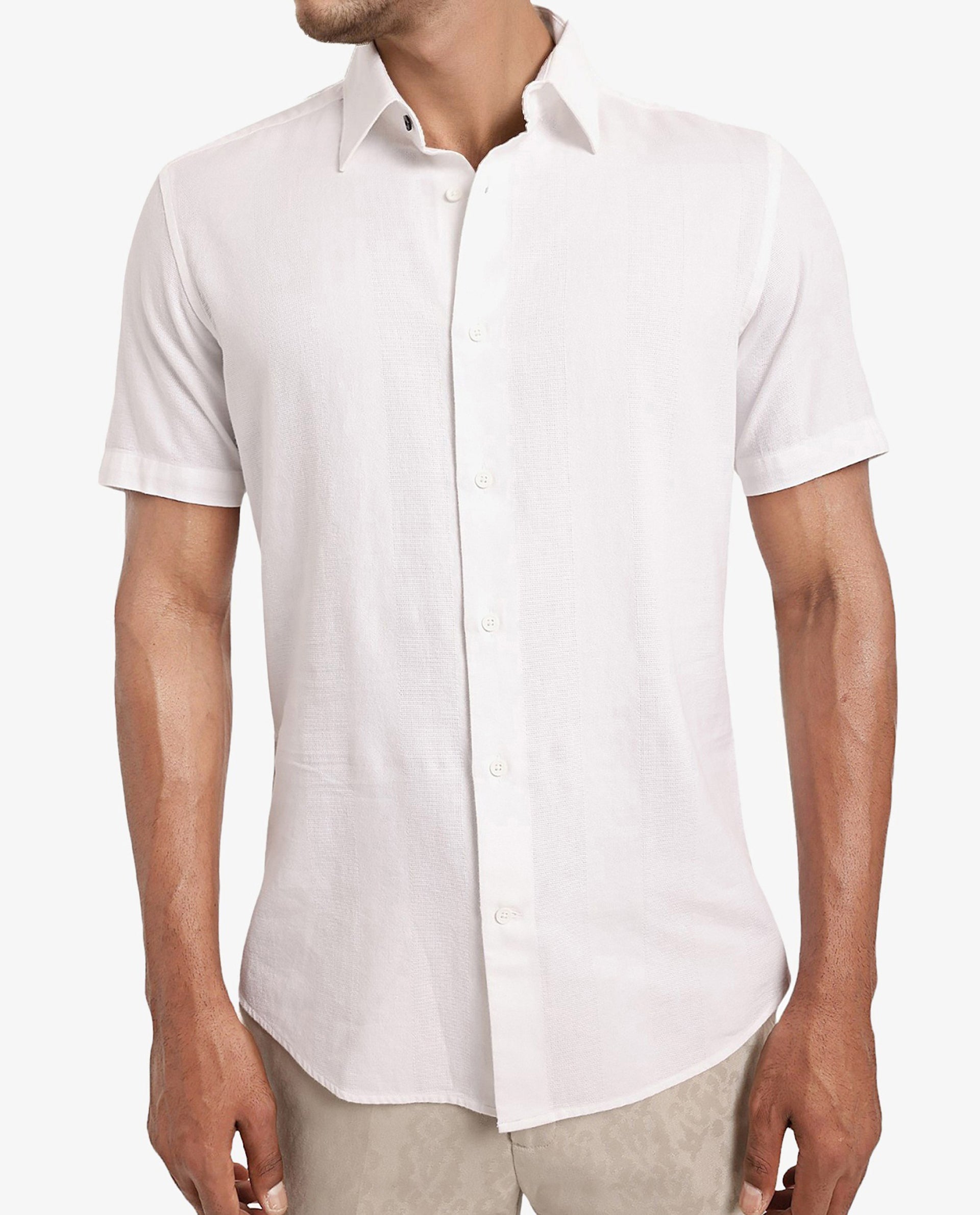 Rare Rabbit Men's Matto White Cotton Fabric Short Sleeve Regular Fit Self Stripe Dobby Shirt