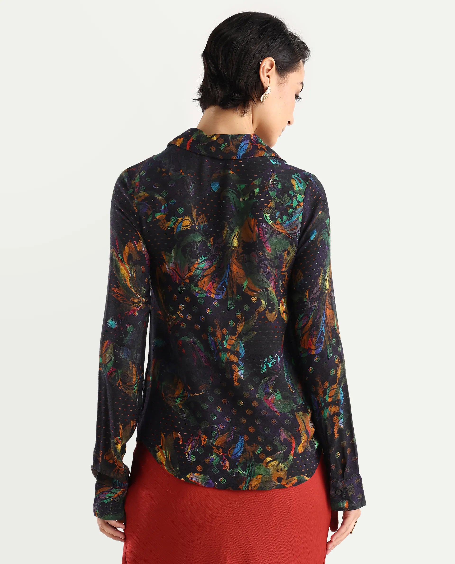 Rareism Women's Mausi Multi Rayon Drop Collar Paisley Print Cuffed Sleeve Regular Fit Shirt