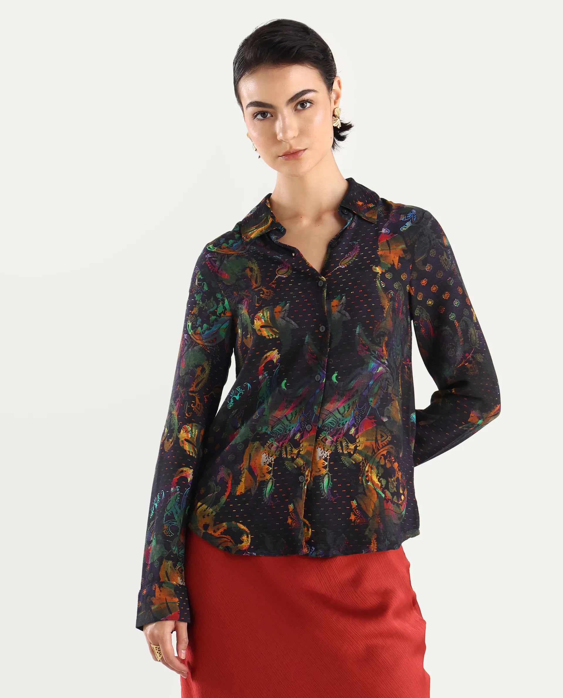 Rareism Women's Mausi Multi Rayon Drop Collar Paisley Print Cuffed Sleeve Regular Fit Shirt