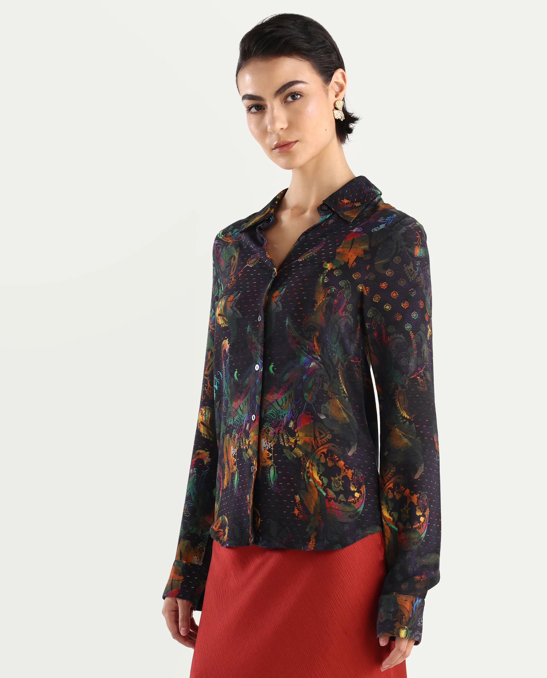 Rareism Women's Mausi Multi Rayon Drop Collar Paisley Print Cuffed Sleeve Regular Fit Shirt