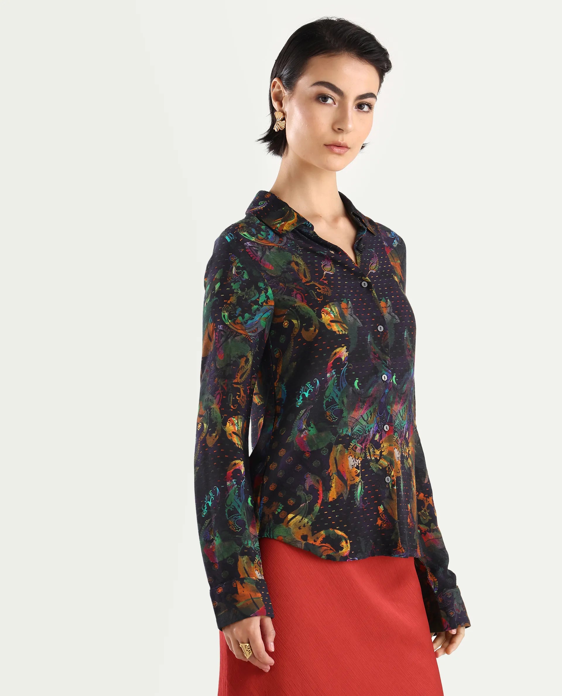 Rareism Women's Mausi Multi Rayon Drop Collar Paisley Print Cuffed Sleeve Regular Fit Shirt