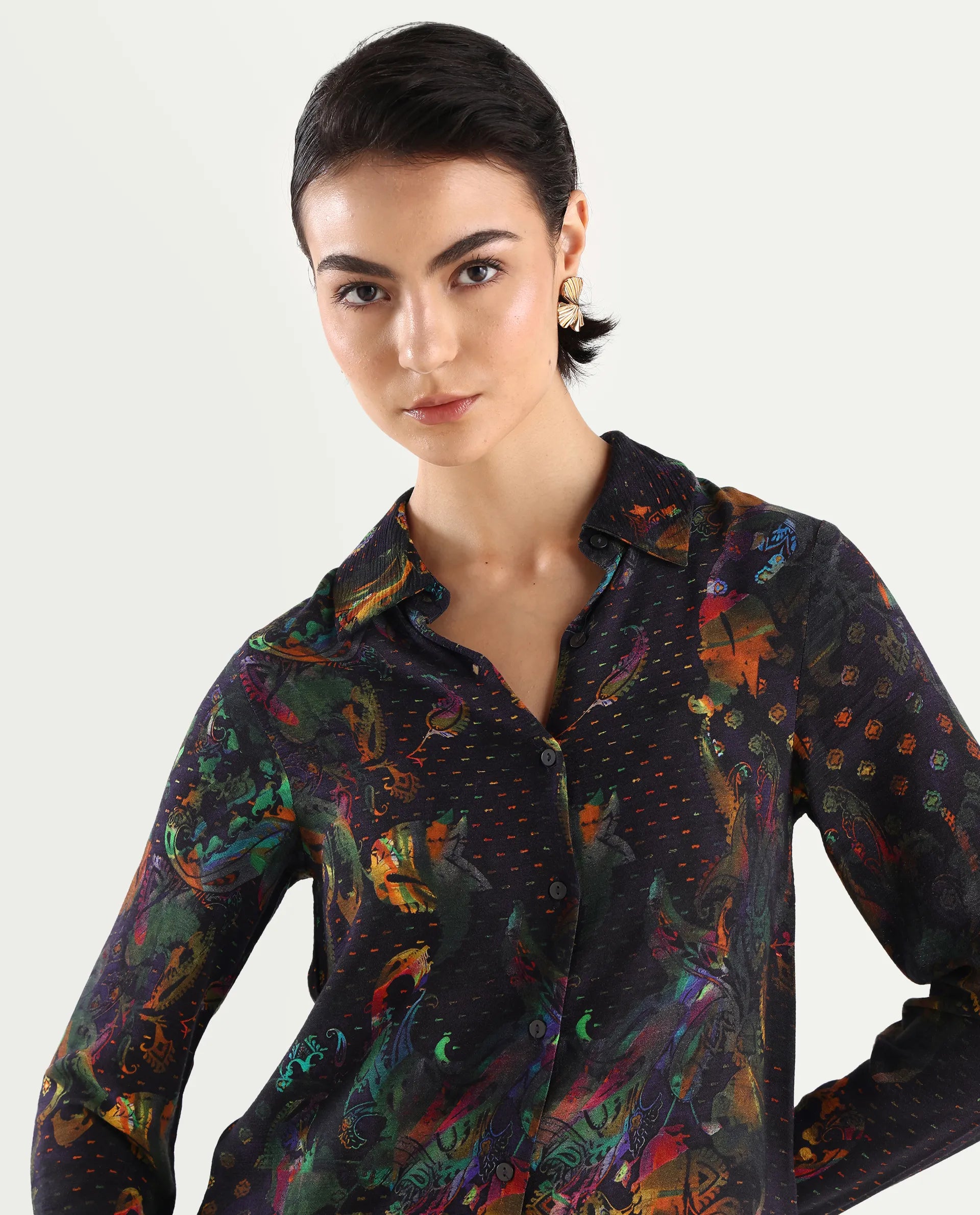 Rareism Women's Mausi Multi Rayon Drop Collar Paisley Print Cuffed Sleeve Regular Fit Shirt