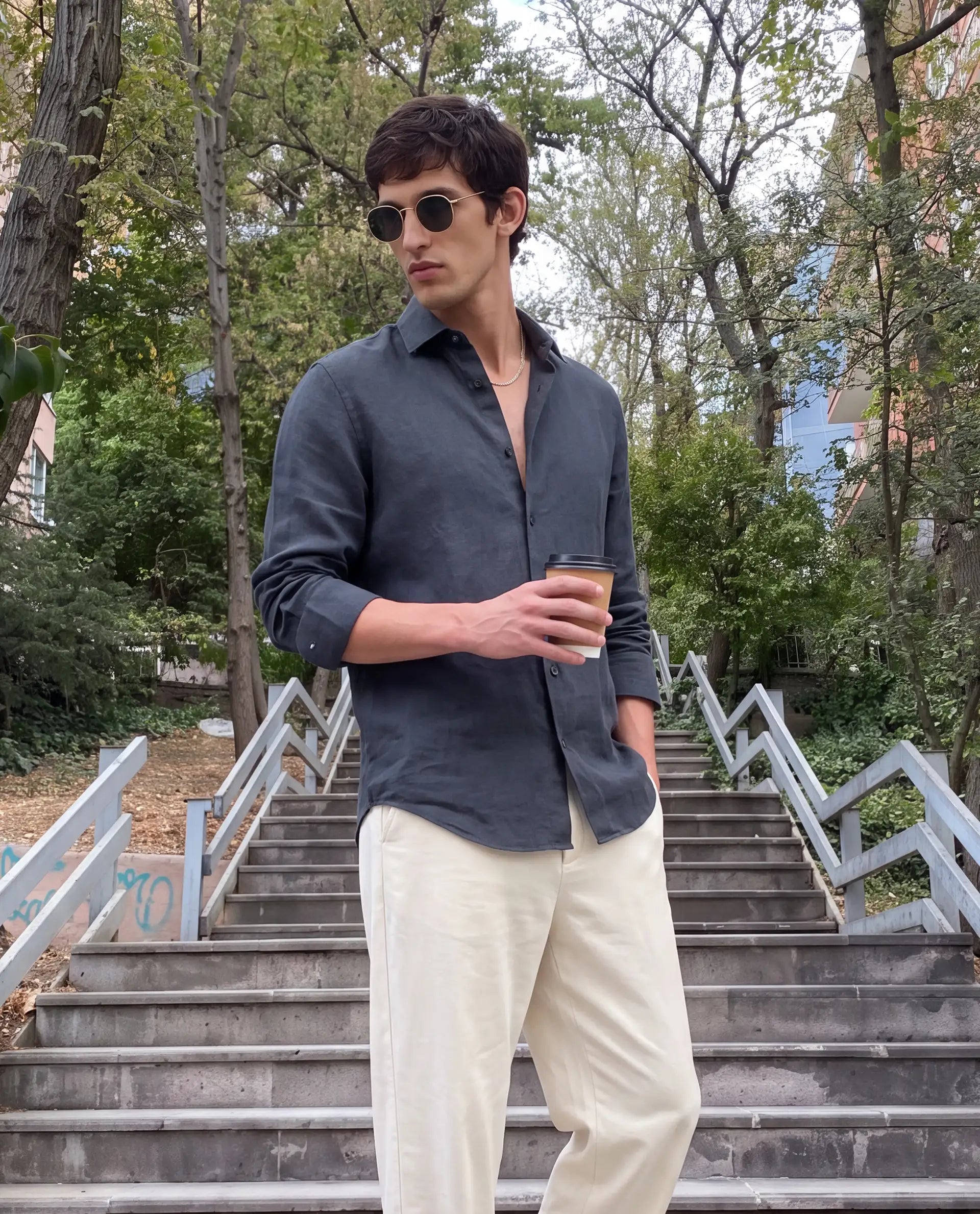 Rare Rabbit Men's Mavi-S26 Dark Blue 100% Linen Fabric Full Sleeve Spread Collar Regular Fit Plain Shirt