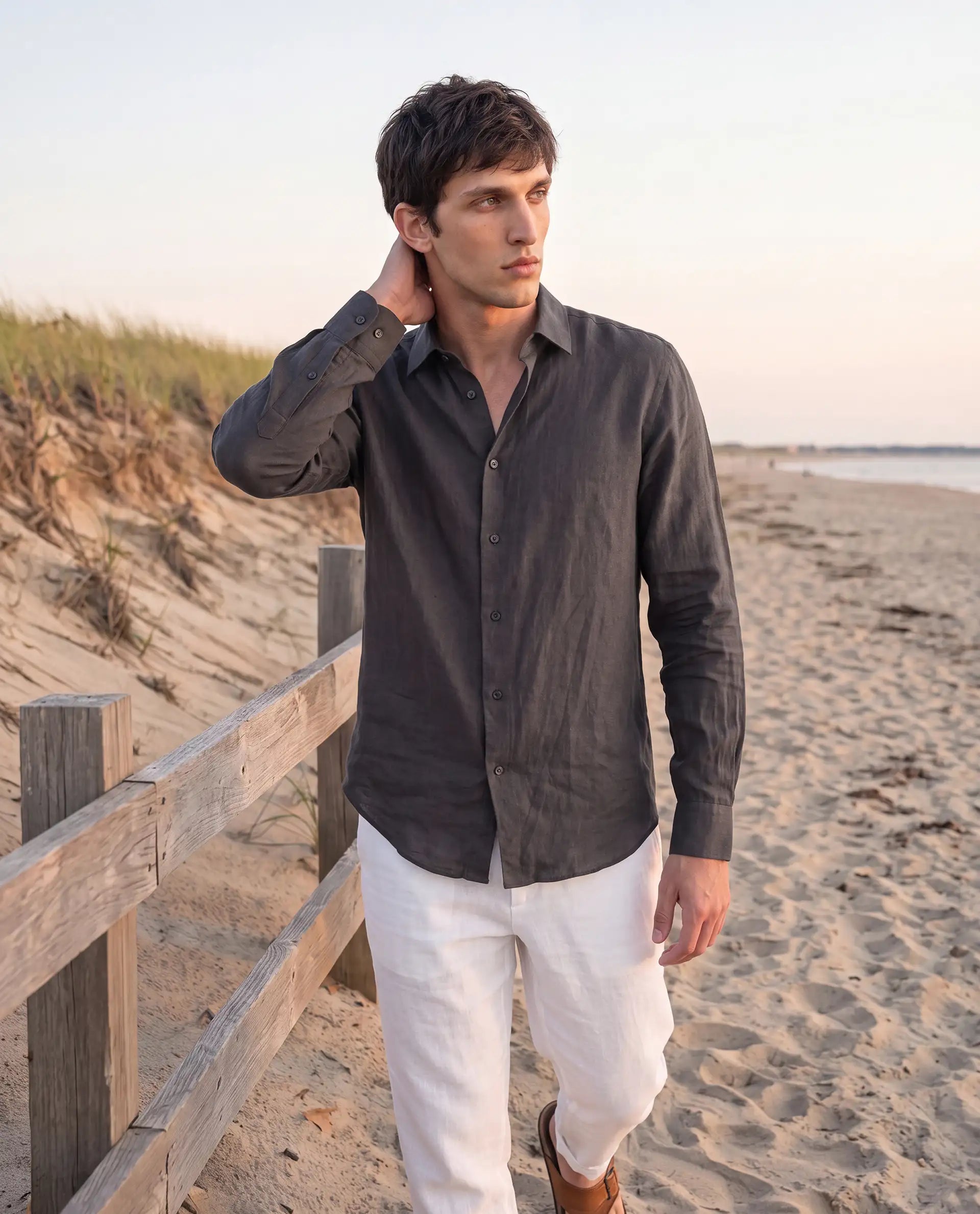 Rare Rabbit Men's Mavi-S26 Dark Grey 100% Linen Fabric Full Sleeve Spread Collar Regular Fit Plain Shirt