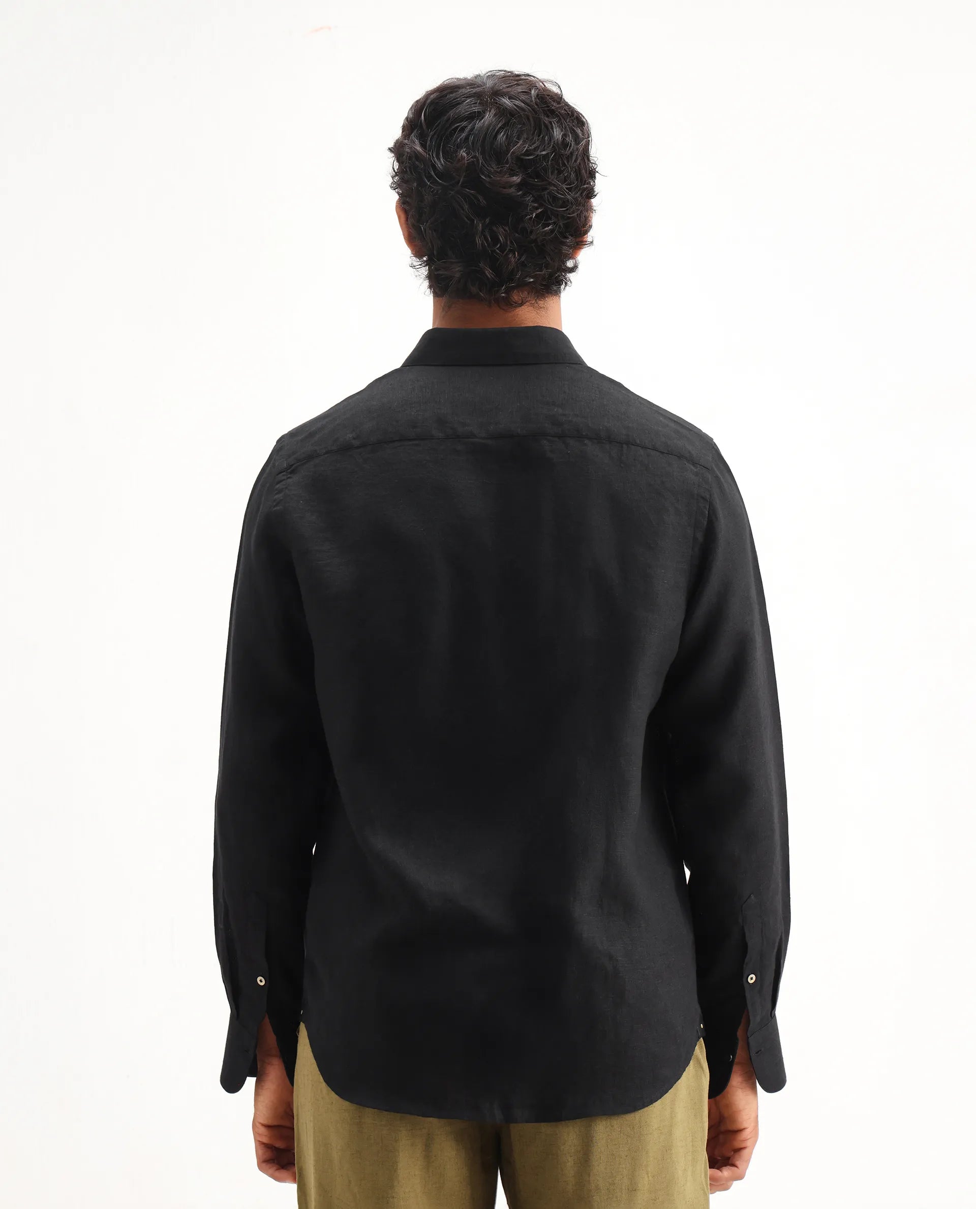 Rare Rabbit Men's Mavi Black Linen Plain Regular Fit Full Sleeve Collared Shirt
