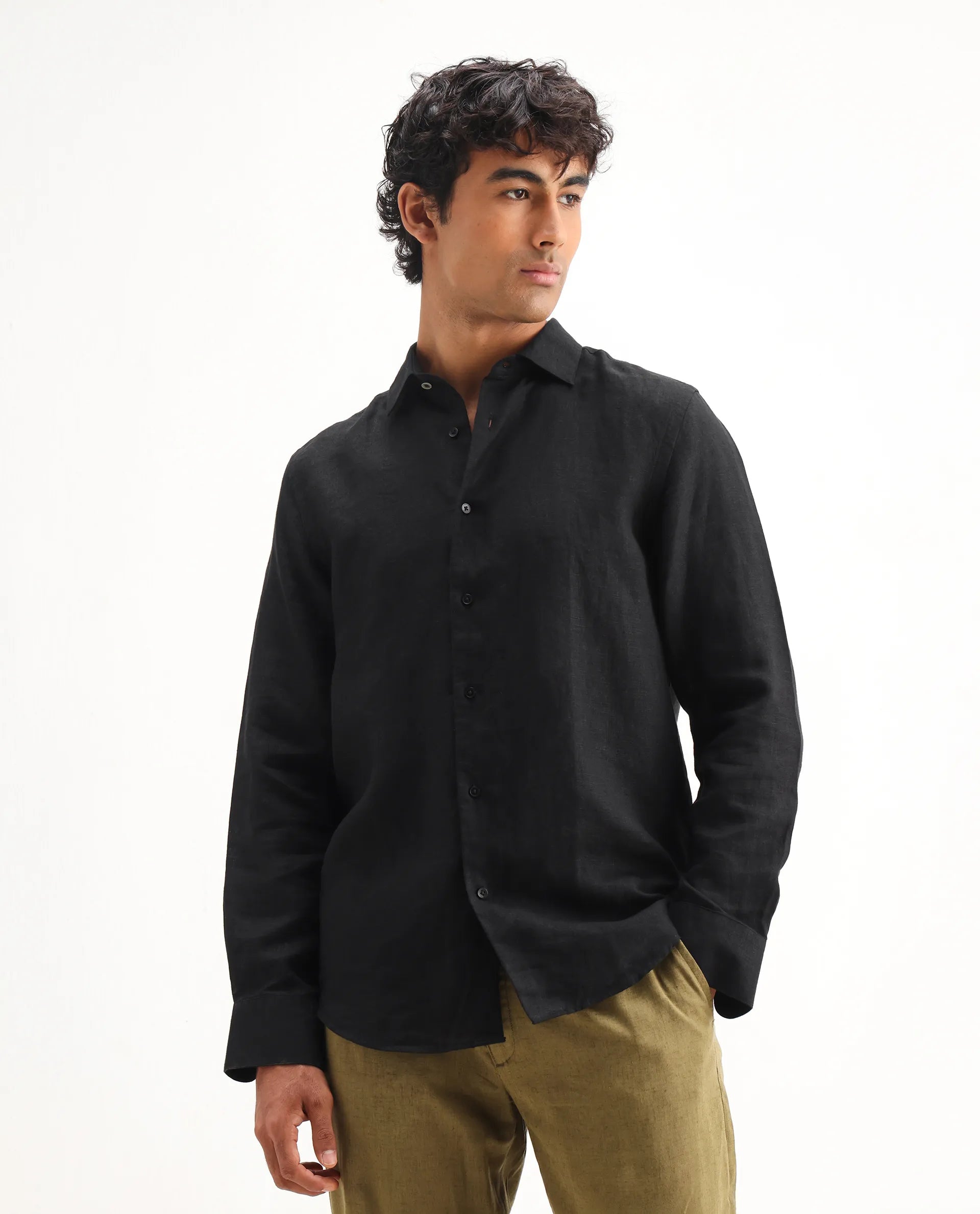 Rare Rabbit Men's Mavi Black Linen Plain Regular Fit Full Sleeve Collared Shirt
