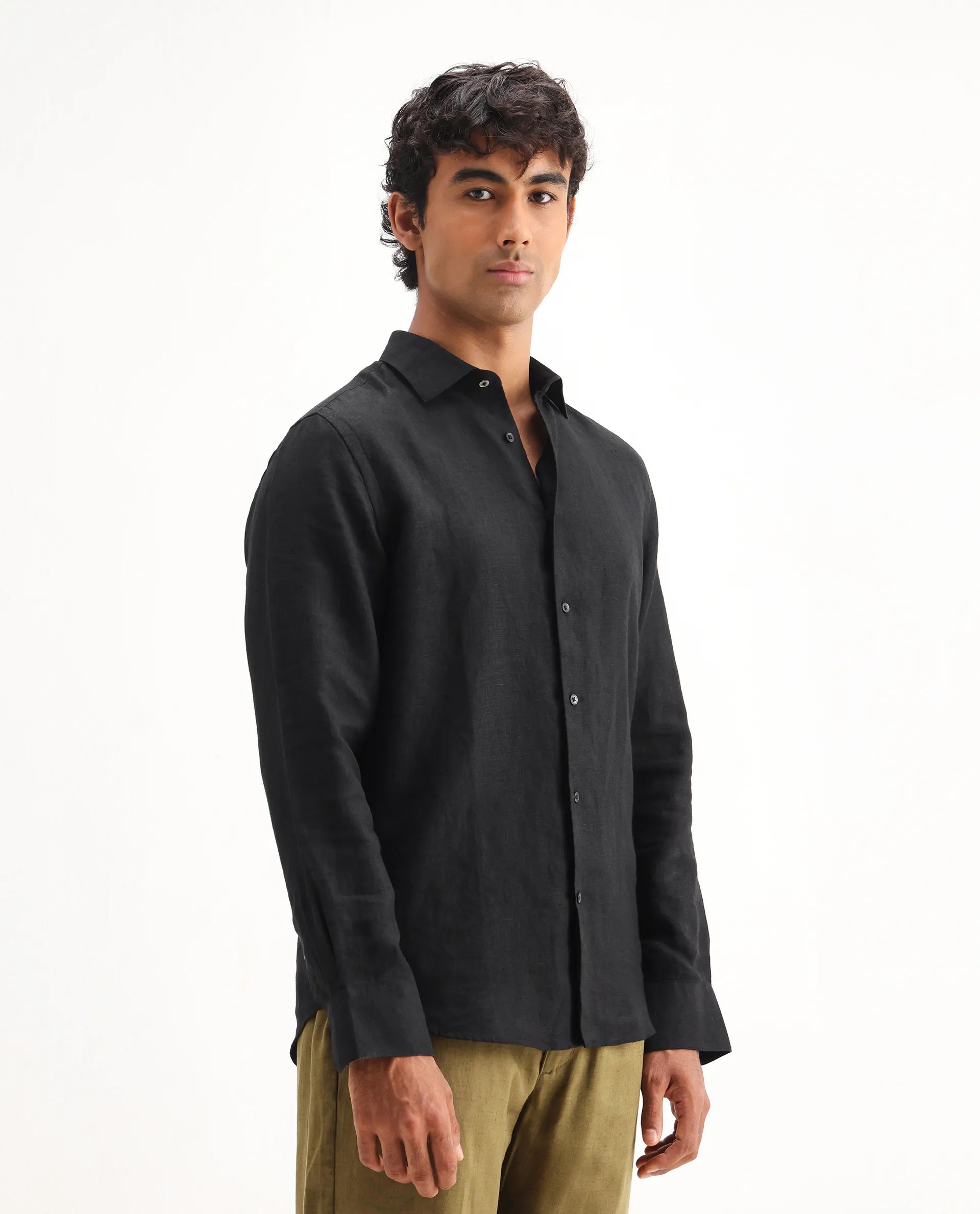 Rare Rabbit Men's Mavi Black Linen Plain Regular Fit Full Sleeve Collared Shirt
