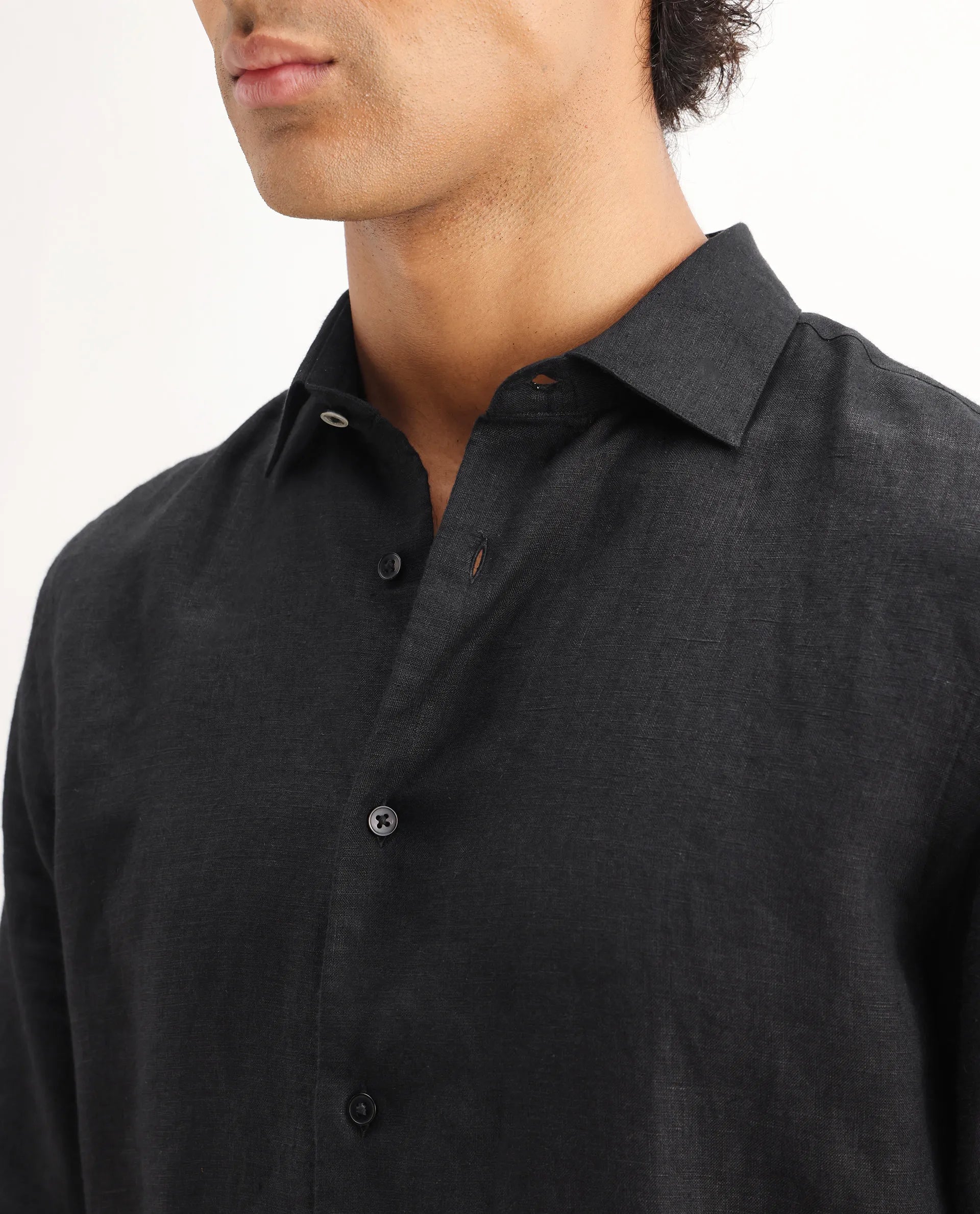 Rare Rabbit Men's Mavi Black Linen Plain Regular Fit Full Sleeve Collared Shirt