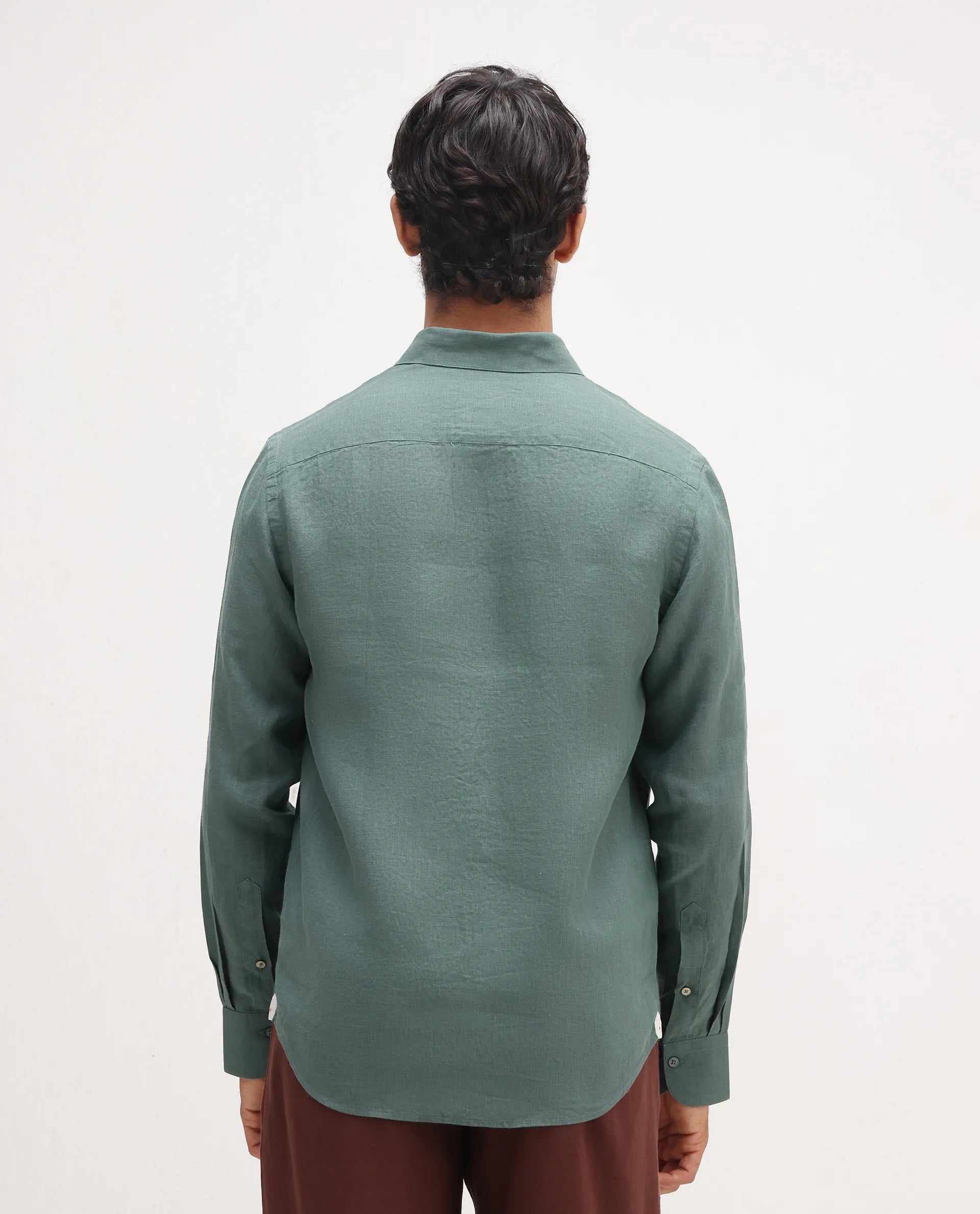 Rare Rabbit Men's Mavi Dusky Green Linen Plain Regular Fit Full Sleeve Collared Shirt