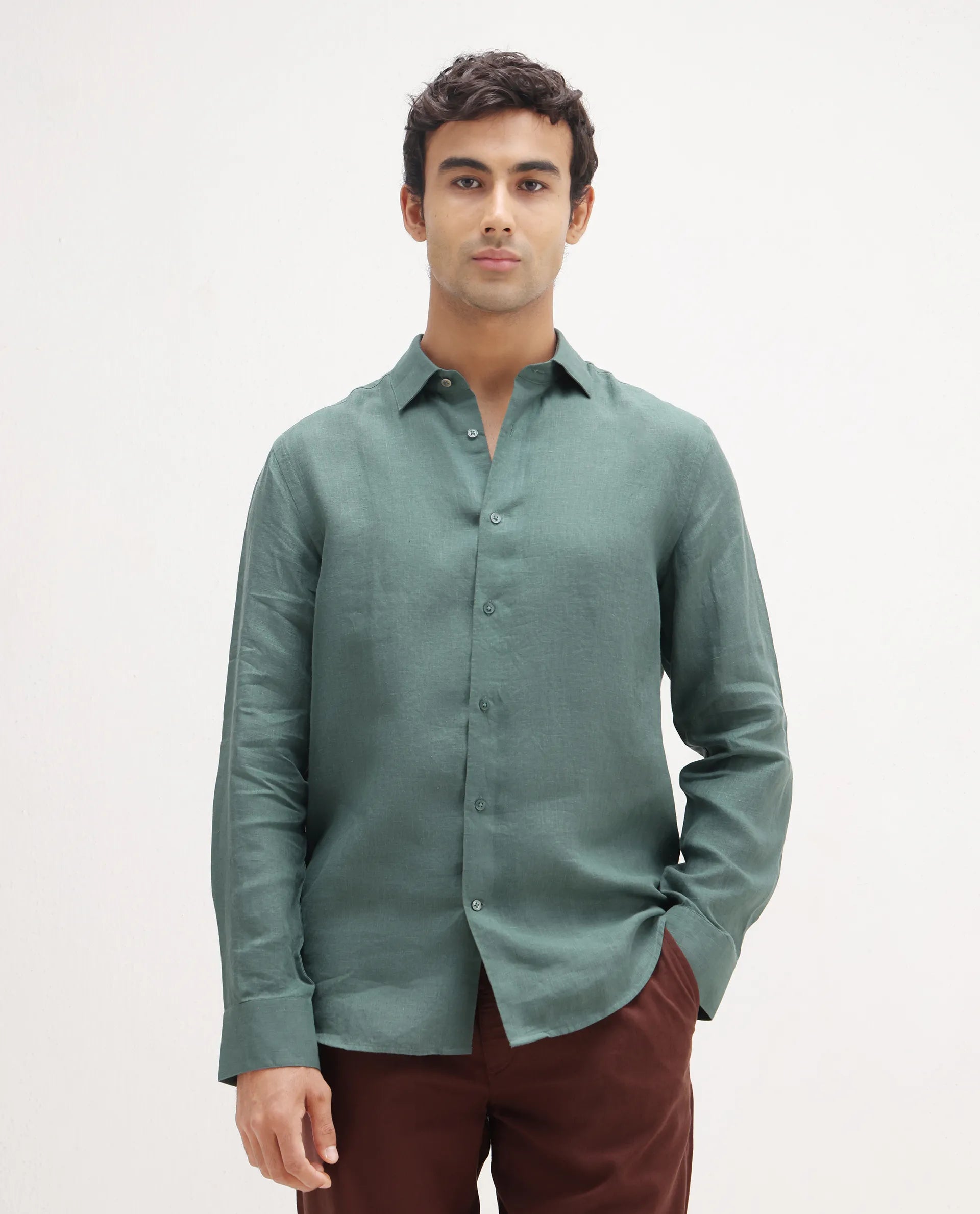 Rare Rabbit Men's Mavi Dusky Green Linen Plain Regular Fit Full Sleeve Collared Shirt