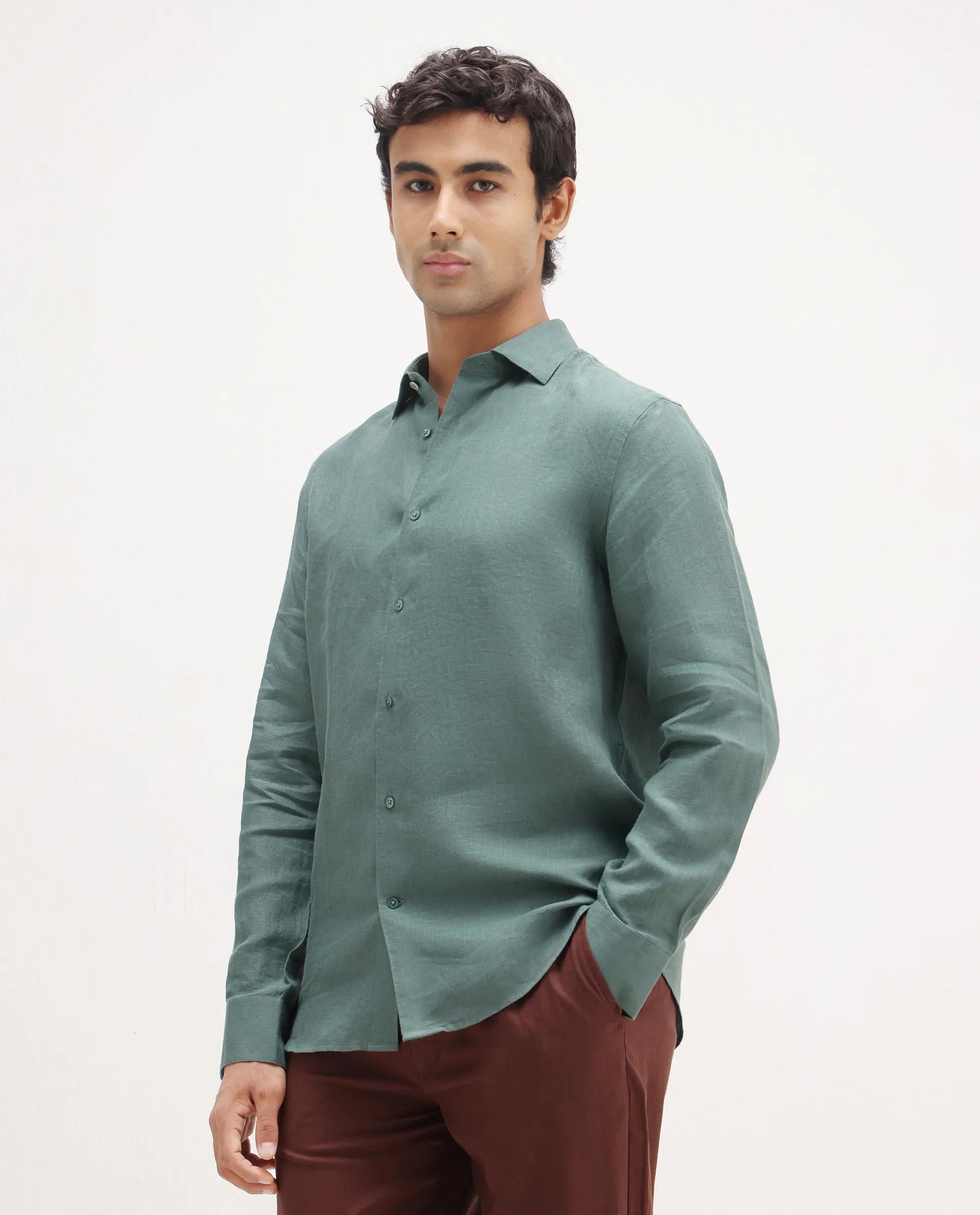 Rare Rabbit Men's Mavi Dusky Green Linen Plain Regular Fit Full Sleeve Collared Shirt