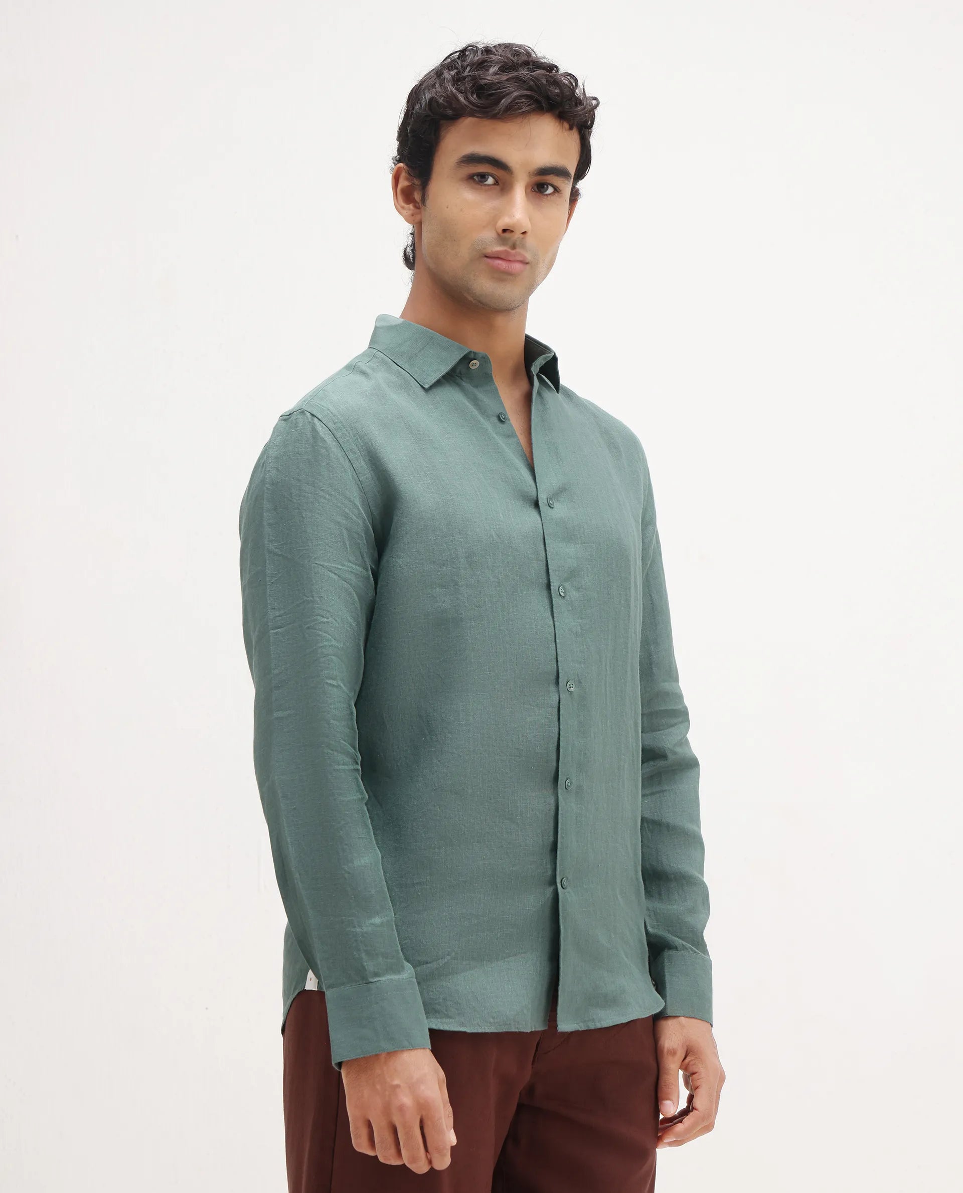 Rare Rabbit Men's Mavi Dusky Green Linen Plain Regular Fit Full Sleeve Collared Shirt