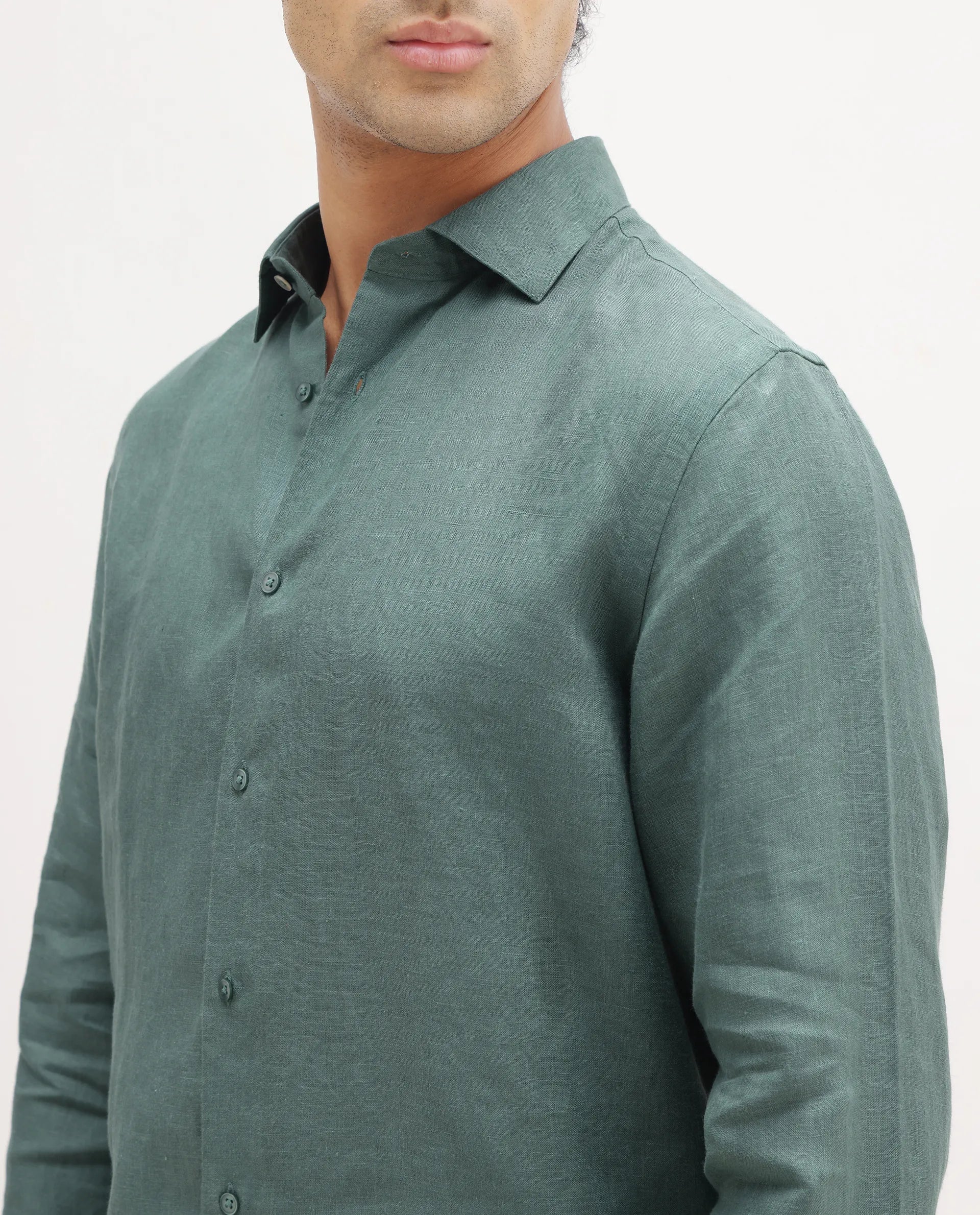 Rare Rabbit Men's Mavi Dusky Green Linen Plain Regular Fit Full Sleeve Collared Shirt