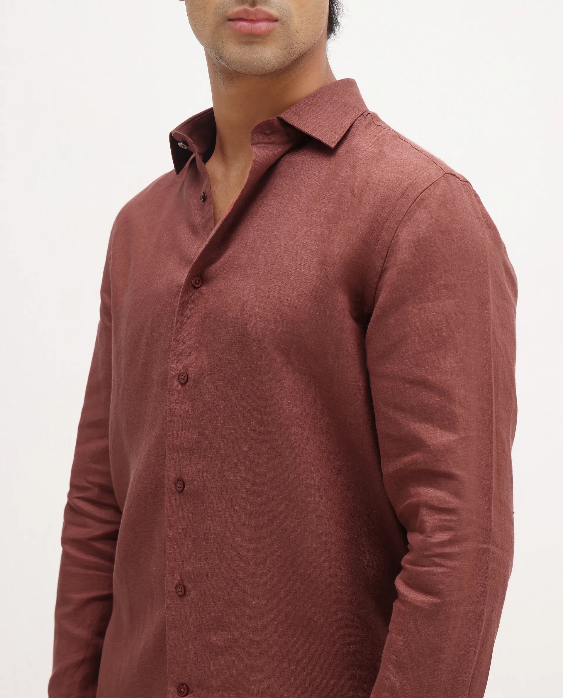 Rare Rabbit Men's Mavi Rust Linen Plain Regular Fit Full Sleeve Collared Shirt