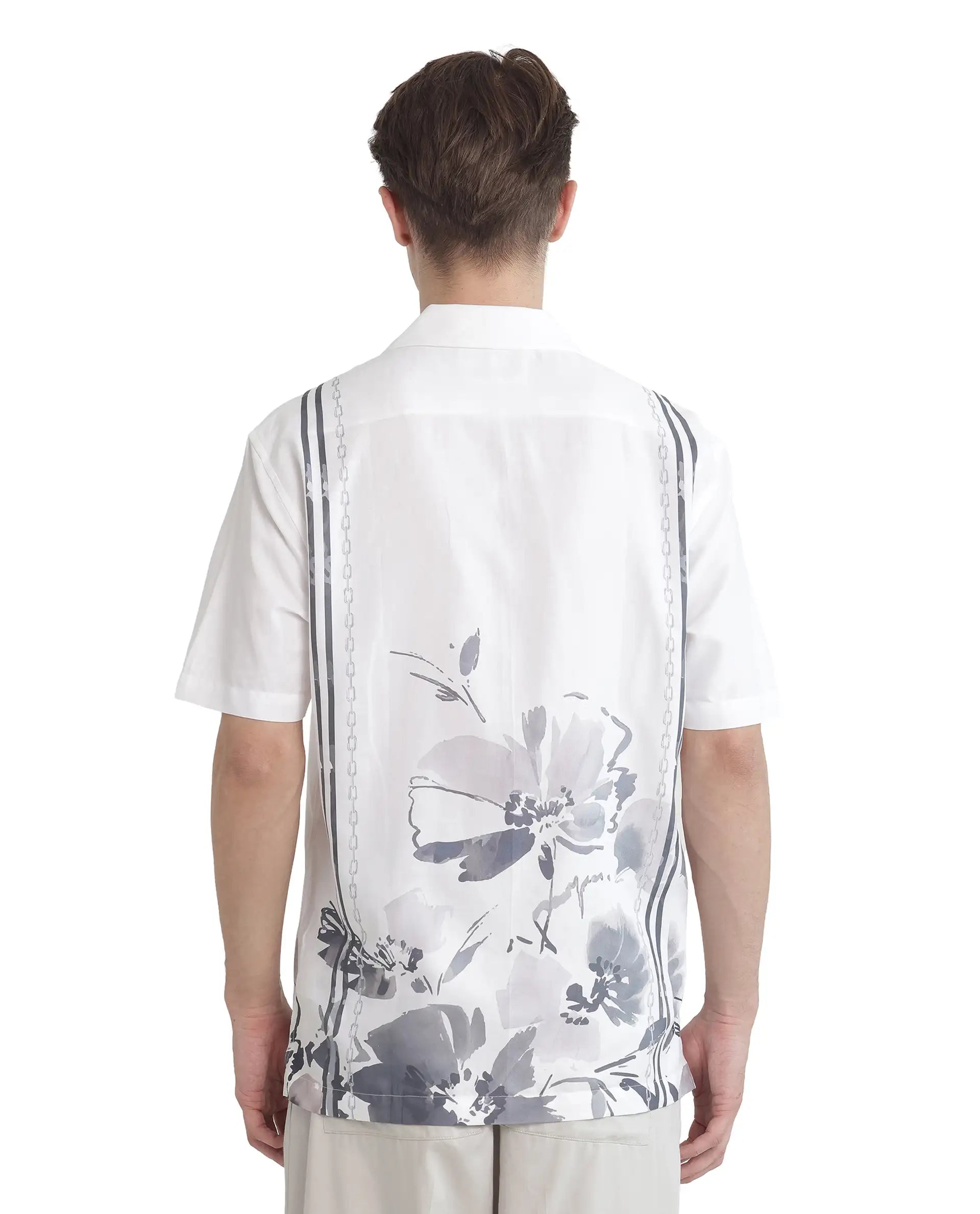 Rare Rabbit Men's Mavo White Cotton Modal Fabric Half Sleeve Cuban Collar Button Closure Relaxed Fit Floral Print Shirt