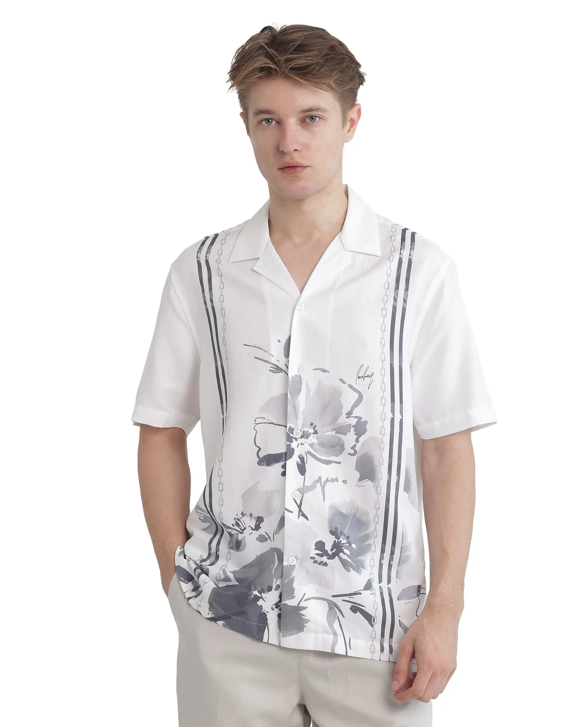 Rare Rabbit Men's Mavo White Cotton Modal Fabric Half Sleeve Cuban Collar Button Closure Relaxed Fit Floral Print Shirt