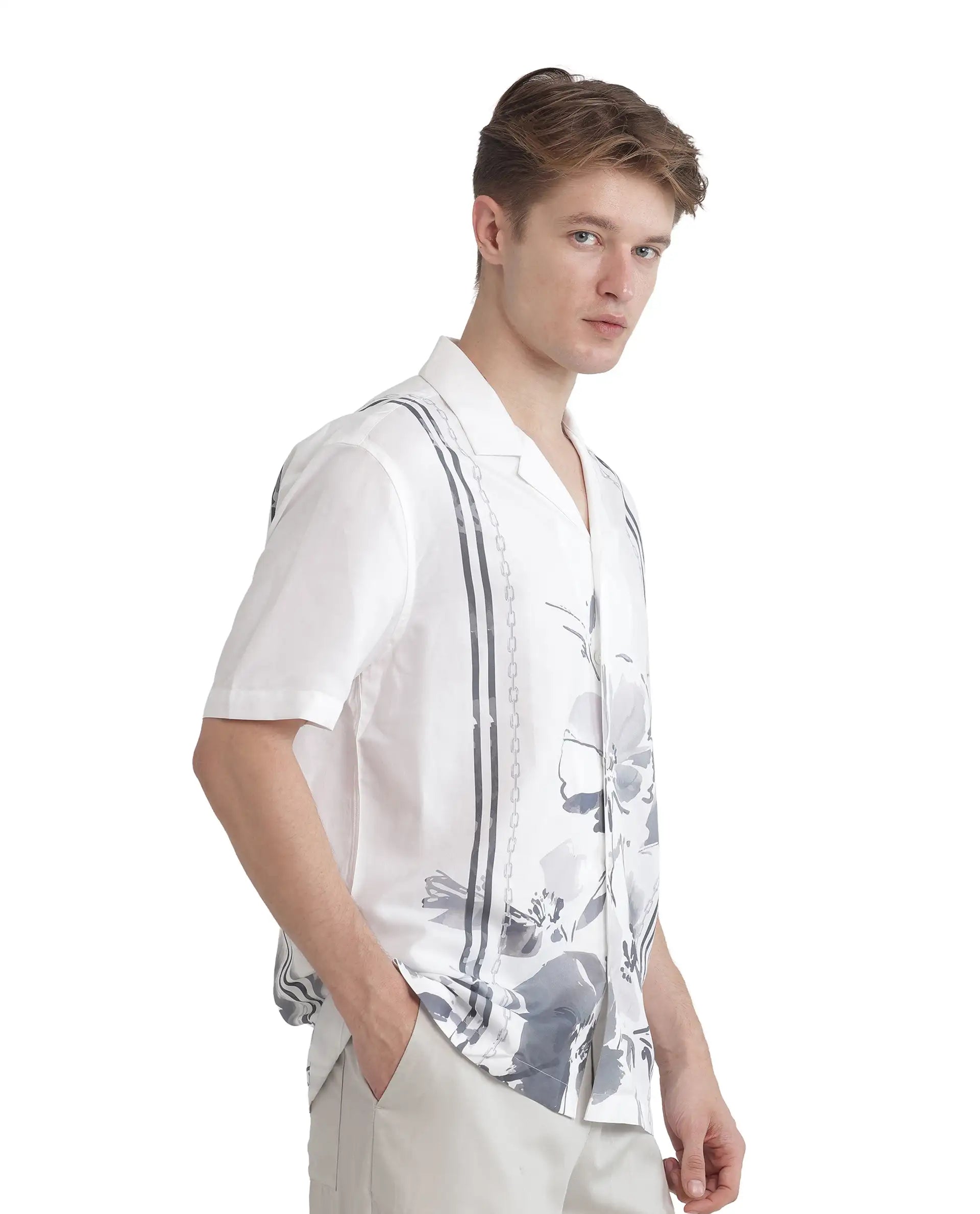 Rare Rabbit Men's Mavo White Cotton Modal Fabric Half Sleeve Cuban Collar Button Closure Relaxed Fit Floral Print Shirt