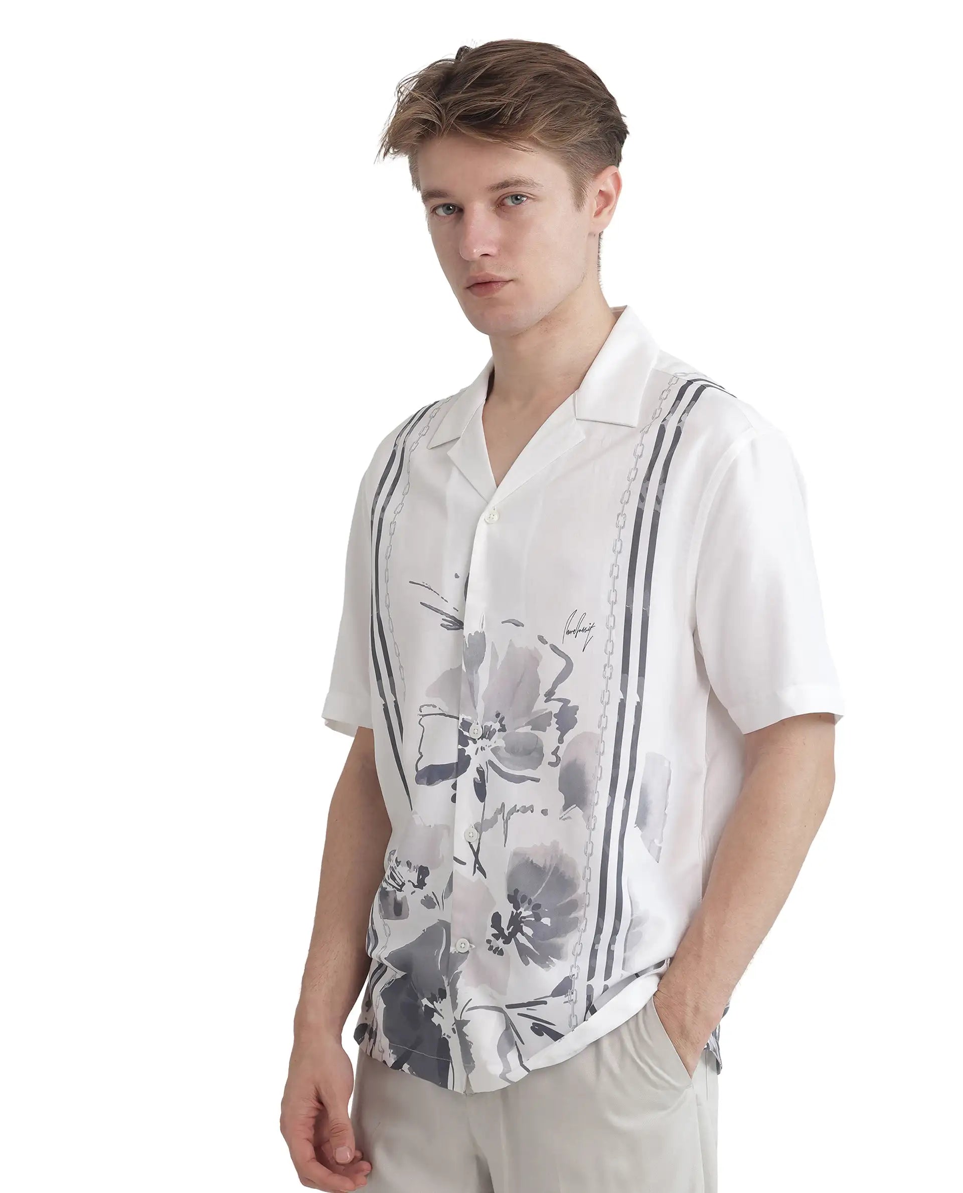 Rare Rabbit Men's Mavo White Cotton Modal Fabric Half Sleeve Cuban Collar Button Closure Relaxed Fit Floral Print Shirt